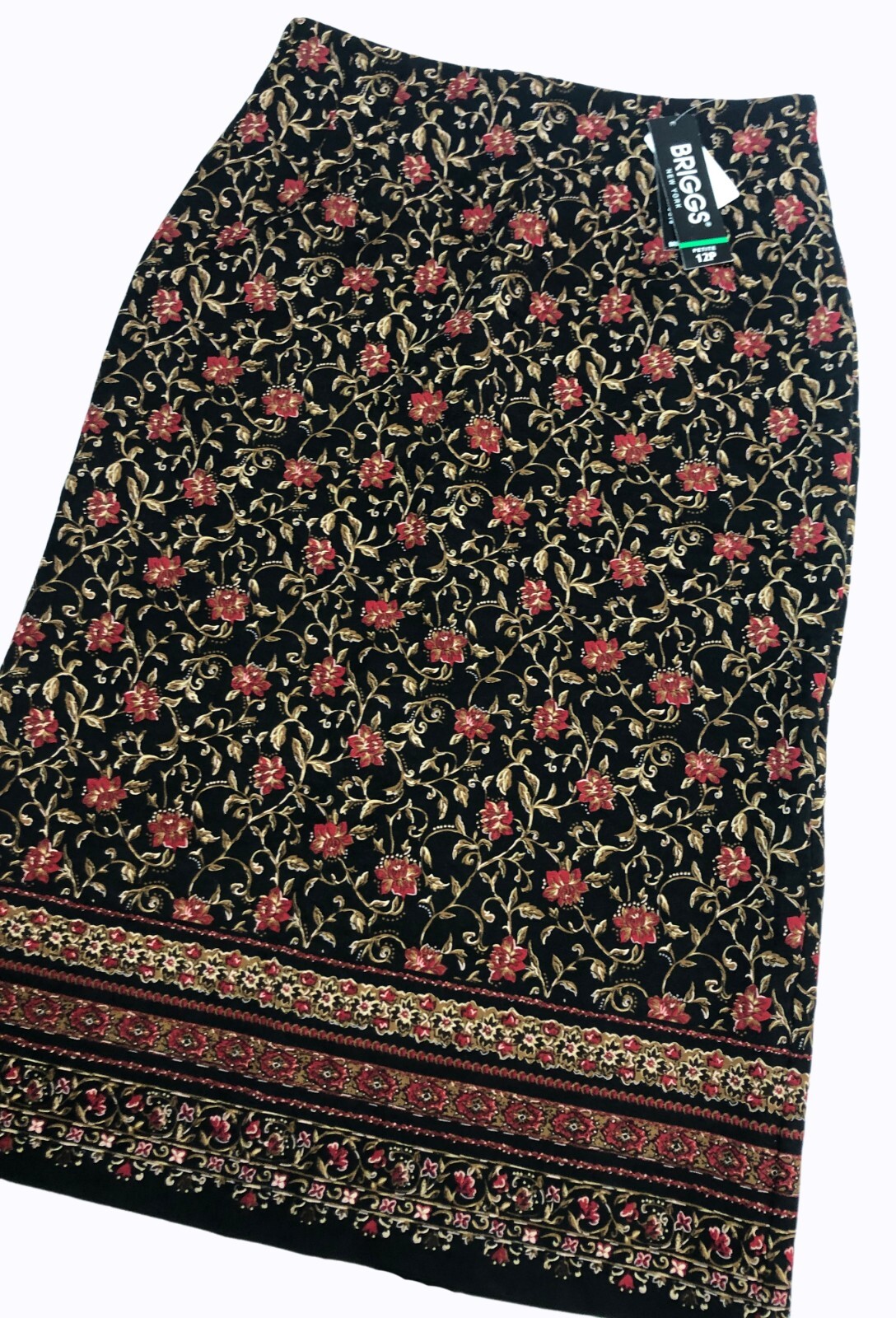 BRIGGS High Waisted Midi Skirt 12P NWT Black Floral Cottagecore Hippie 90s