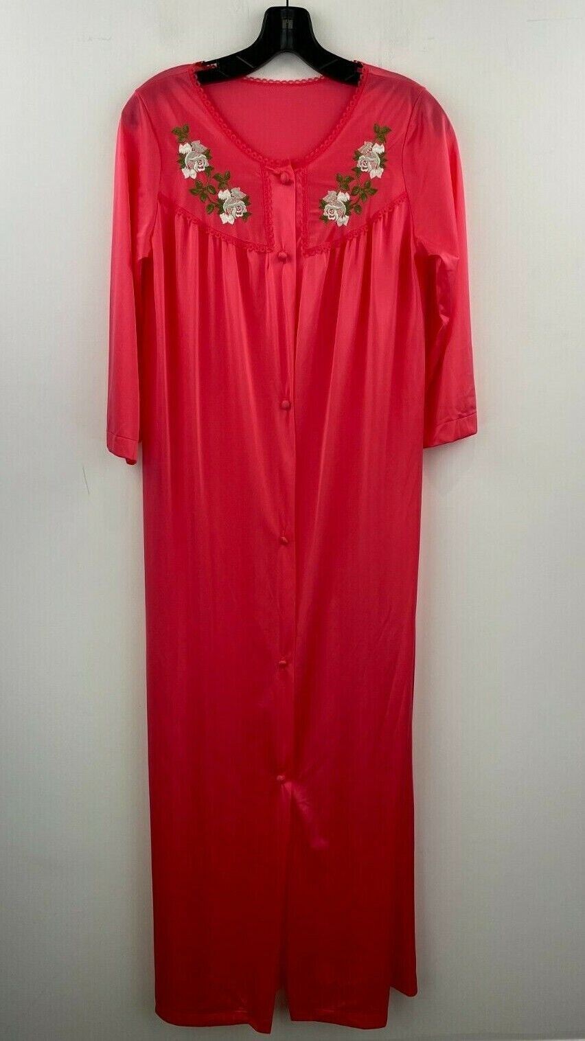 Vtg Lorraine Nylon Satin Nightgown Small Pink Floral Embroidered Long B41-08
