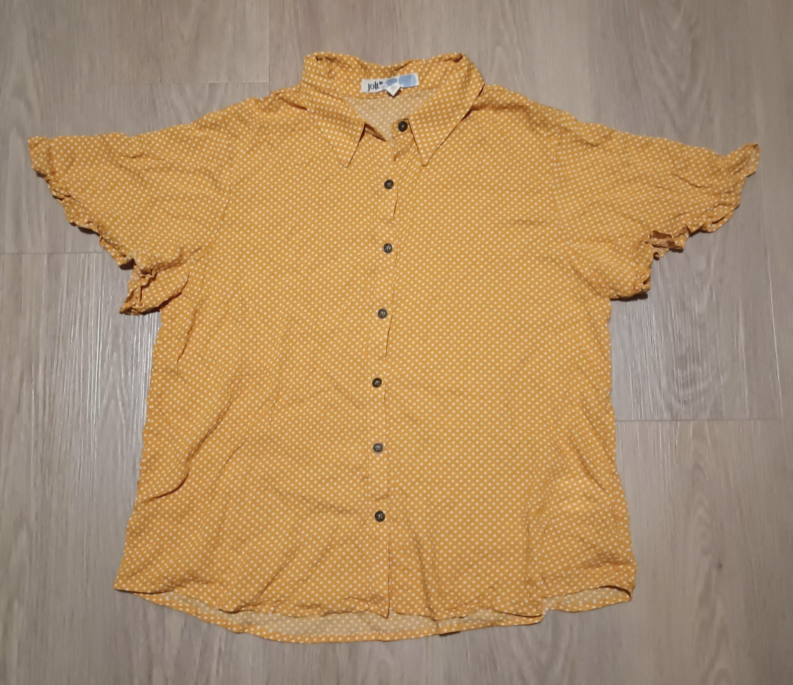 Vtg 90s JOLT Rayon Crepe Gold Yellow Polka Dot Ruffle Cap Sleeves Top grunge L