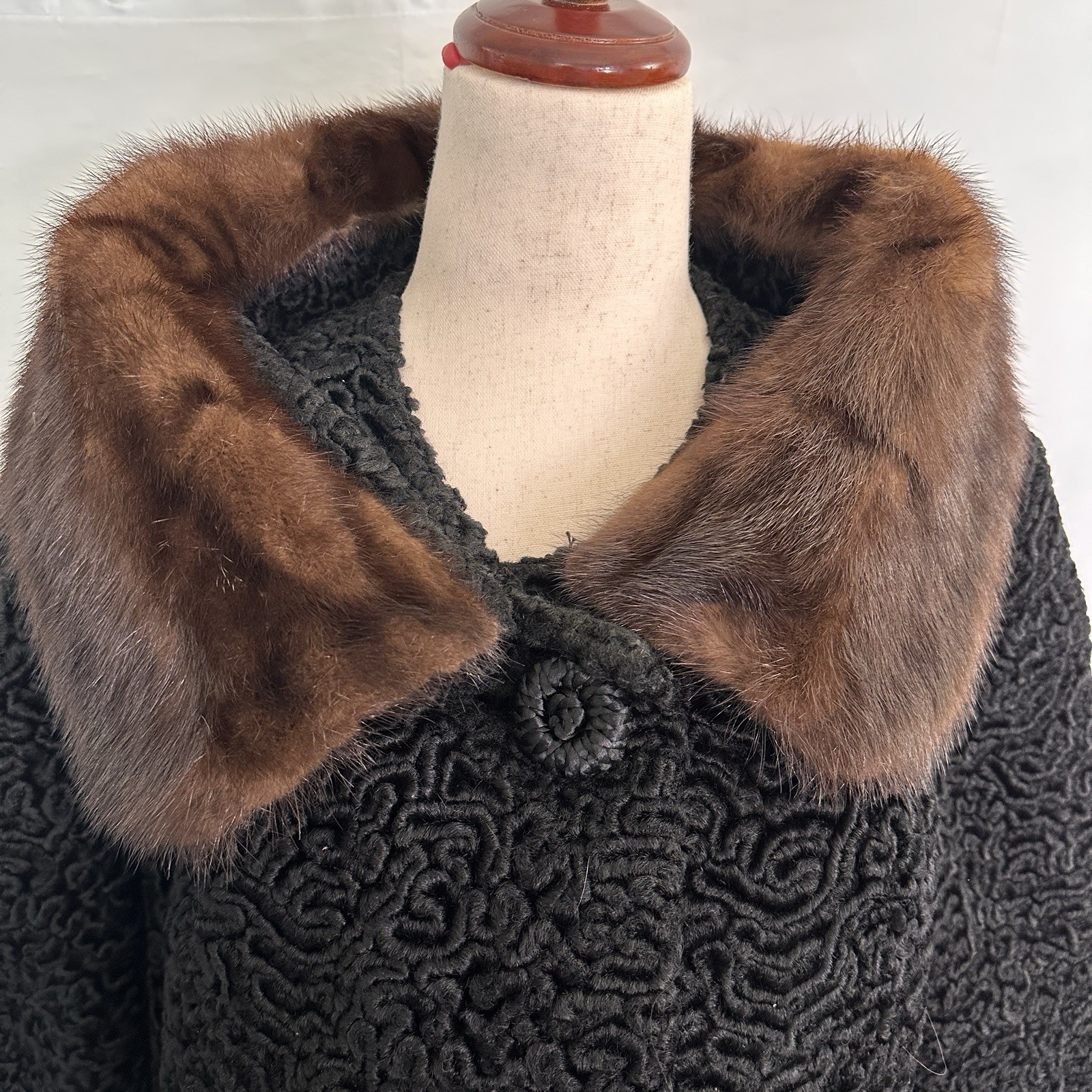 60s VINTAGE Astrakin Black Curly Lamb Coat Mink Collar L/XL Womens