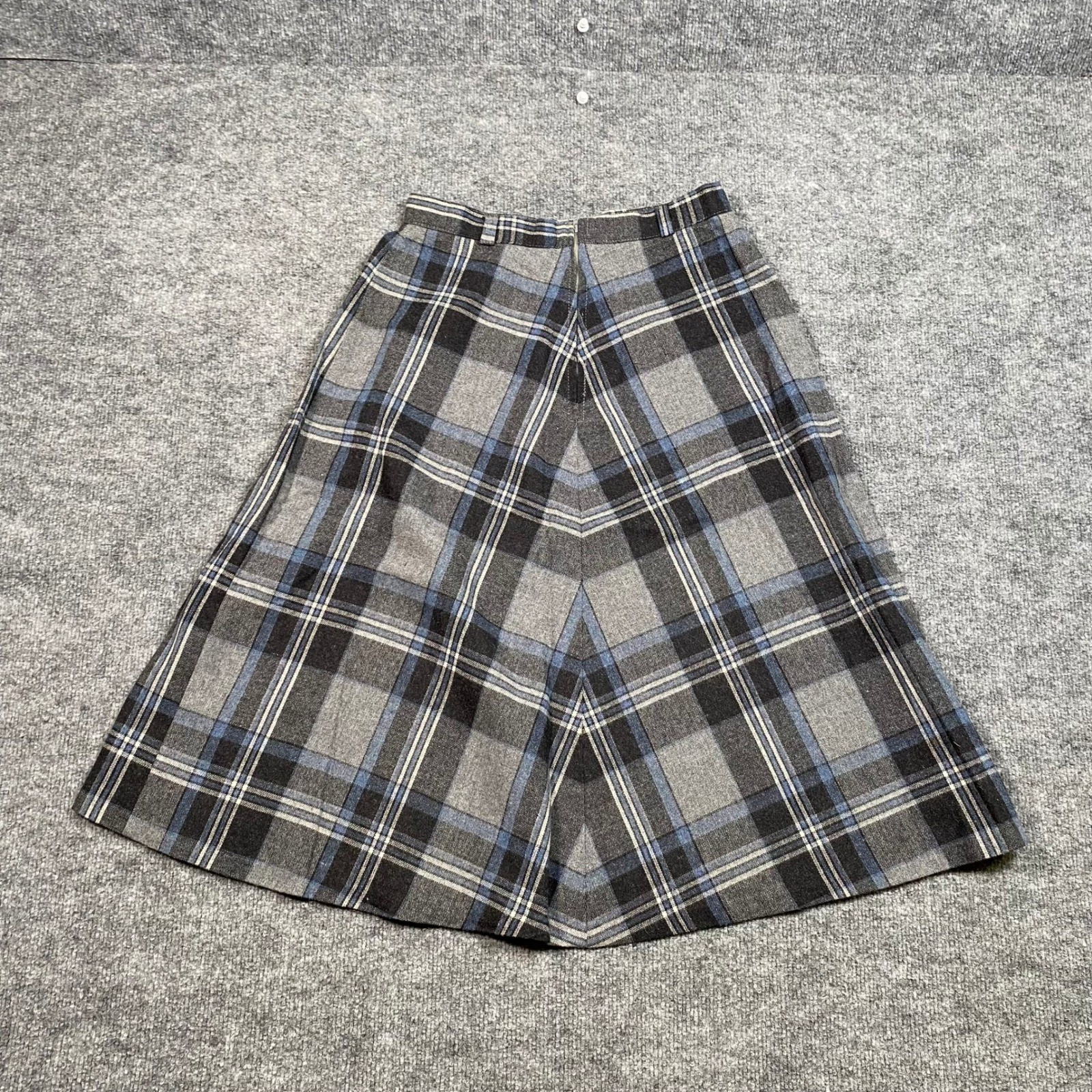 ILGWU Plaid A-Line Midi Skirt Grey Blue High Waist Size 11 USA Made Union Made