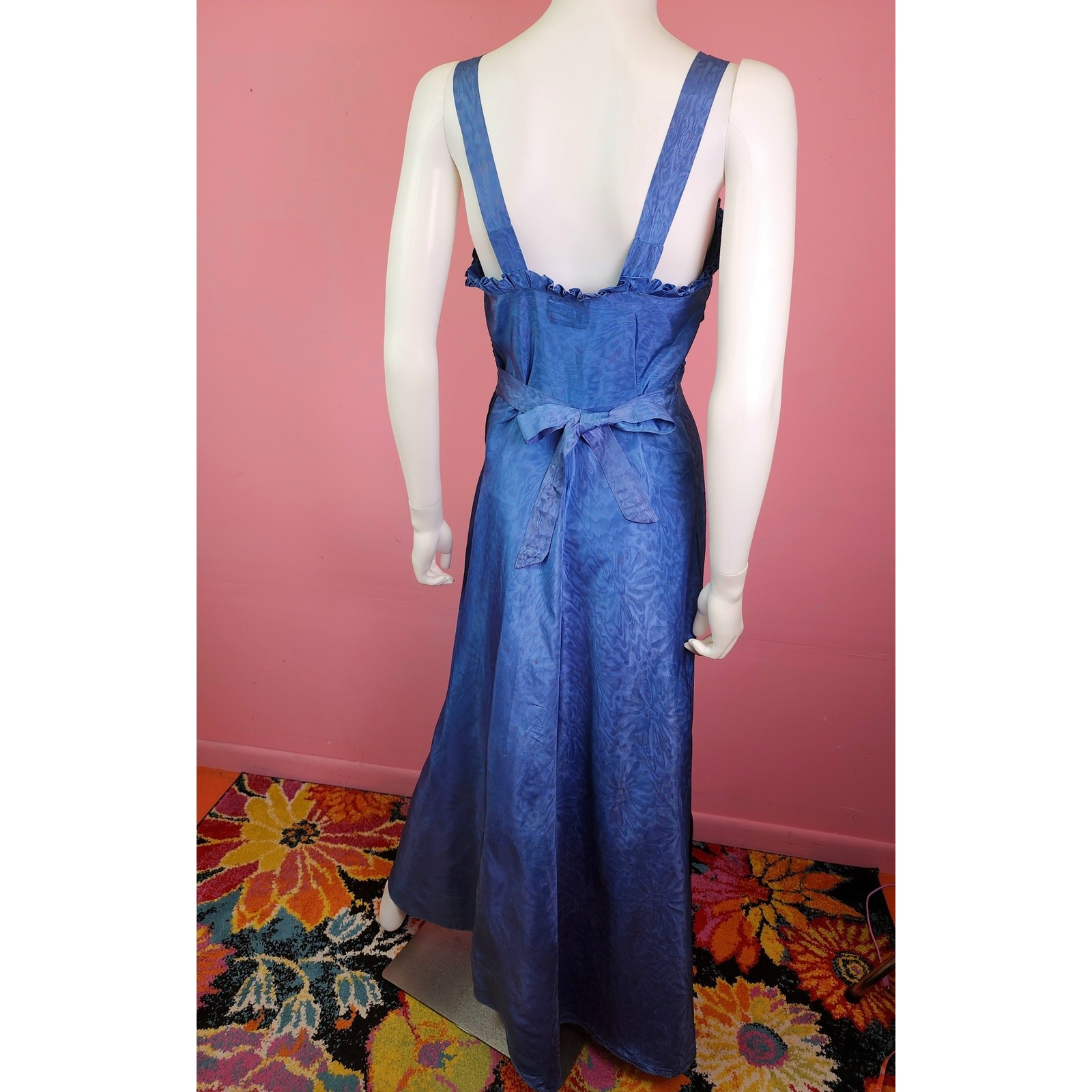 Antique 1930’s Moiré Satin Gown and Bolero Cornflower Blue Burgundy Velvet Bows
