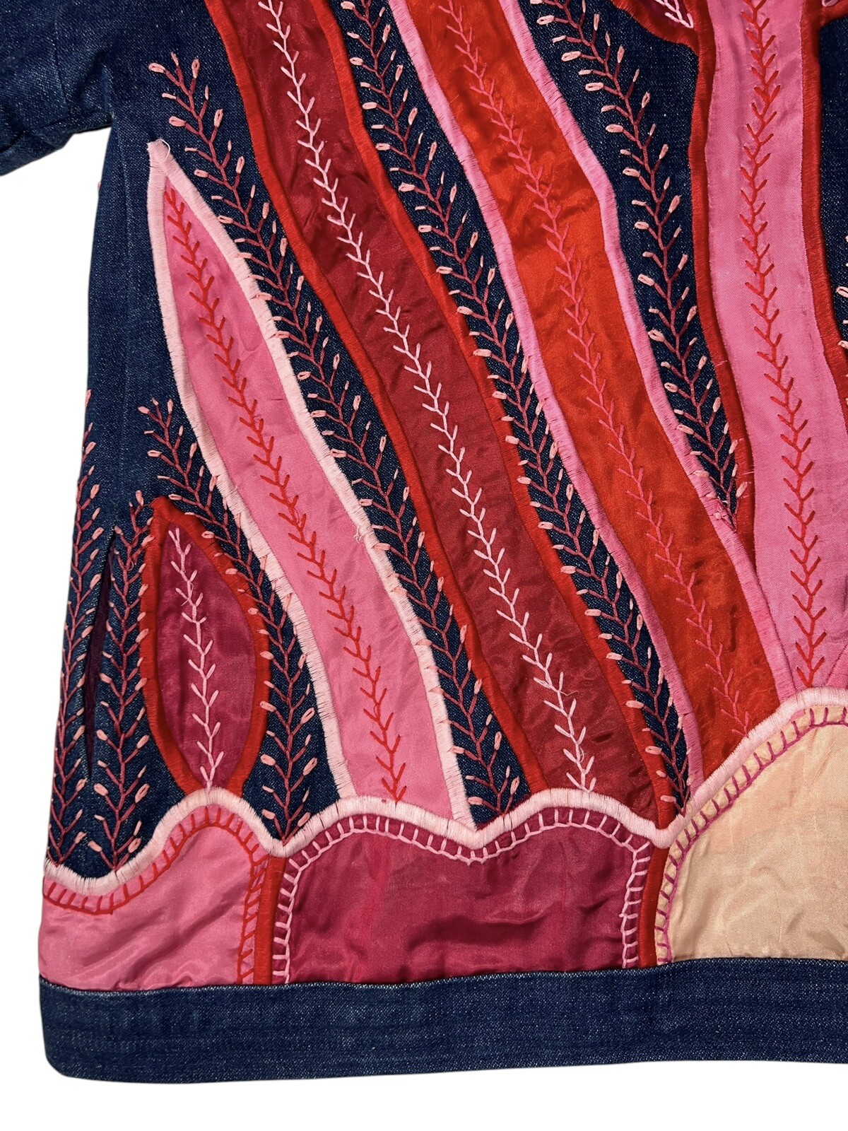 Vtg Judith Roberts La Coleccion Fiber Art Denim Kimono Coat Satin Snake Plants L