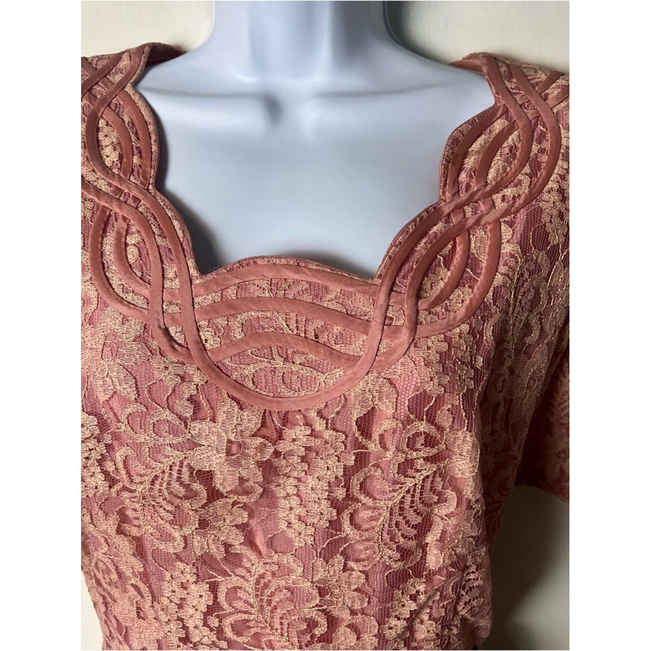 VTG 50s Gloria Swanson Forever Young Pink Lace Belted Party Tea Midi Dress Sz. M