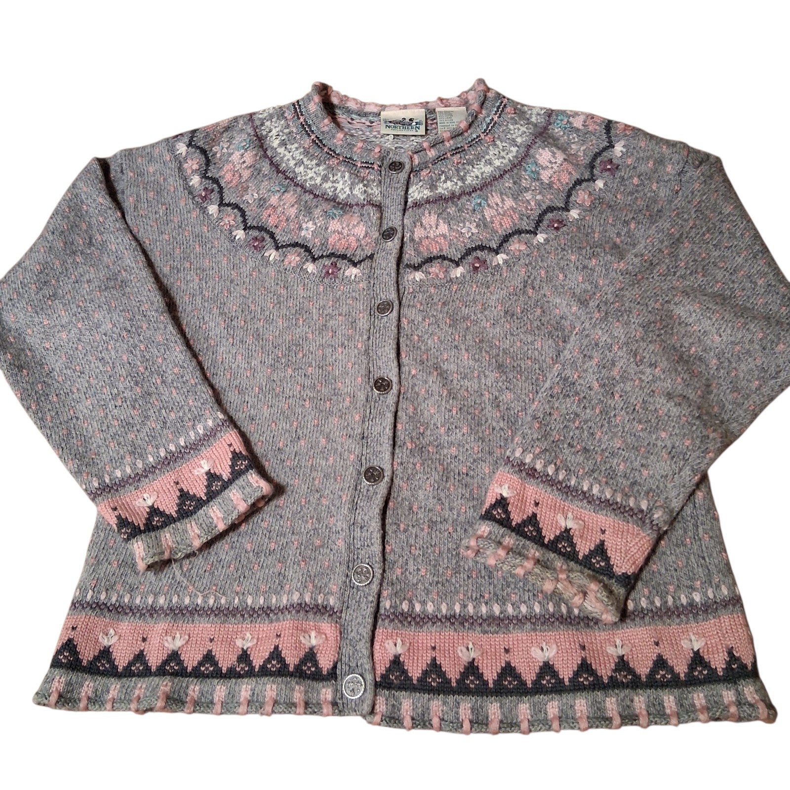 Vintage Northern Reflections Fair Isle Cardigan Sweater Size L Pink Gray Nordic