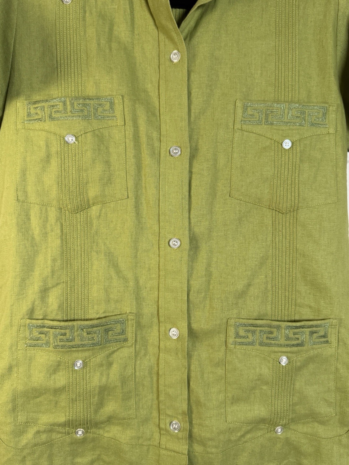 Vintage Panama Souvenir Guayabera Shirt S 55% Linen Cotton Green 4 Pocket