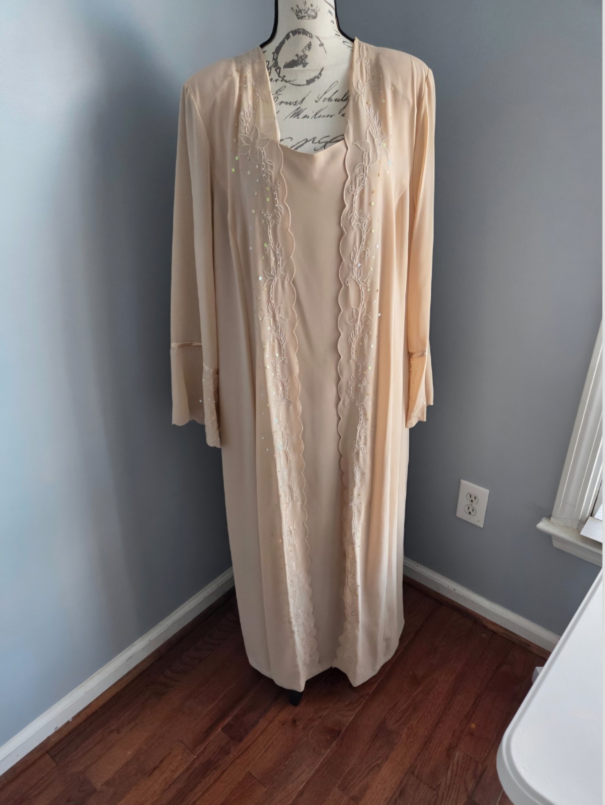 Vintage Tally Taylor 2 Pc Maxi Dress W/ Duster Cream Sheer Lightweight 18W
