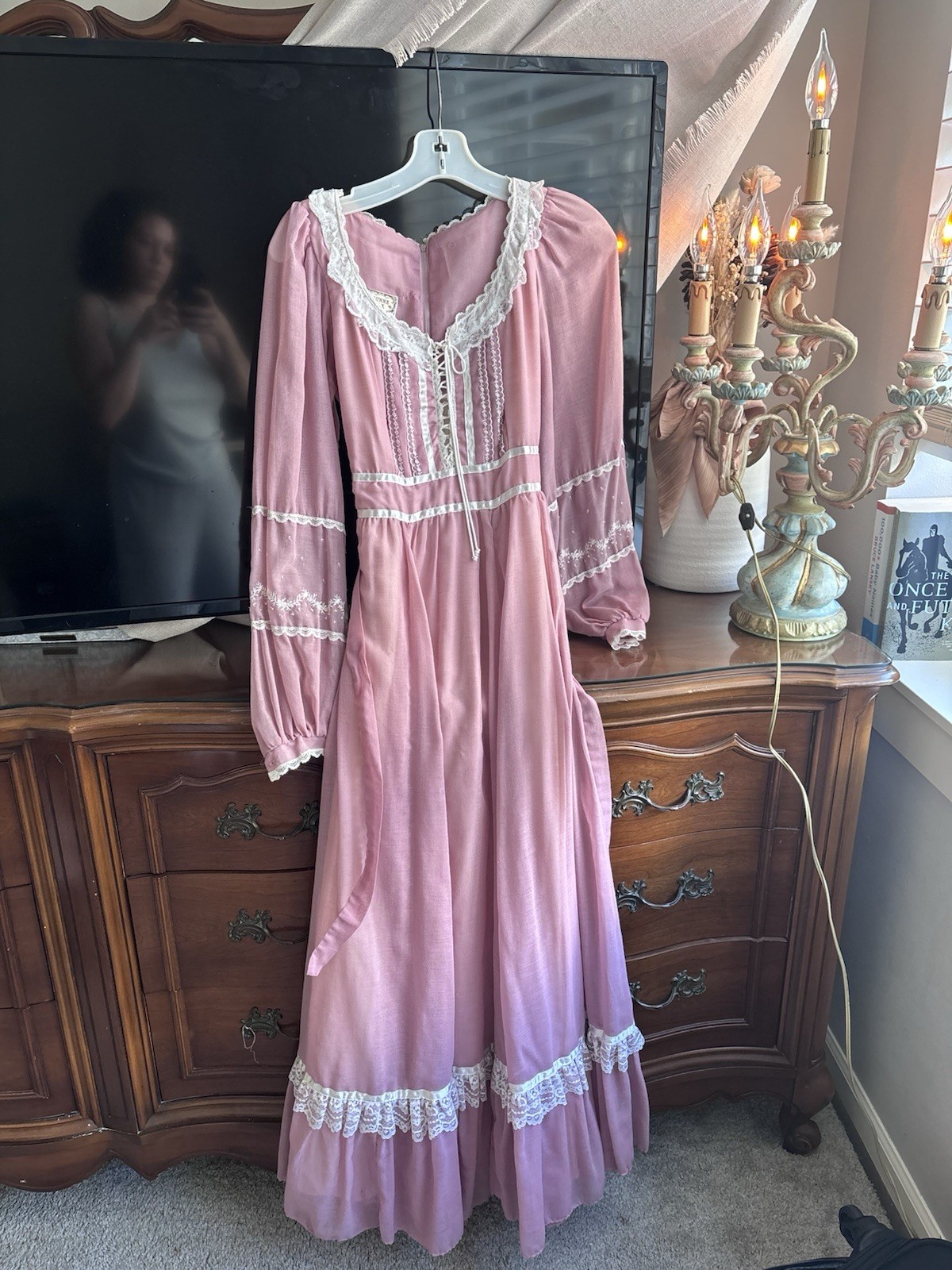 Gunne Sax by Jessica 1970s Prairie Lace Ribbon Dress Bohemian Pink White Size 7