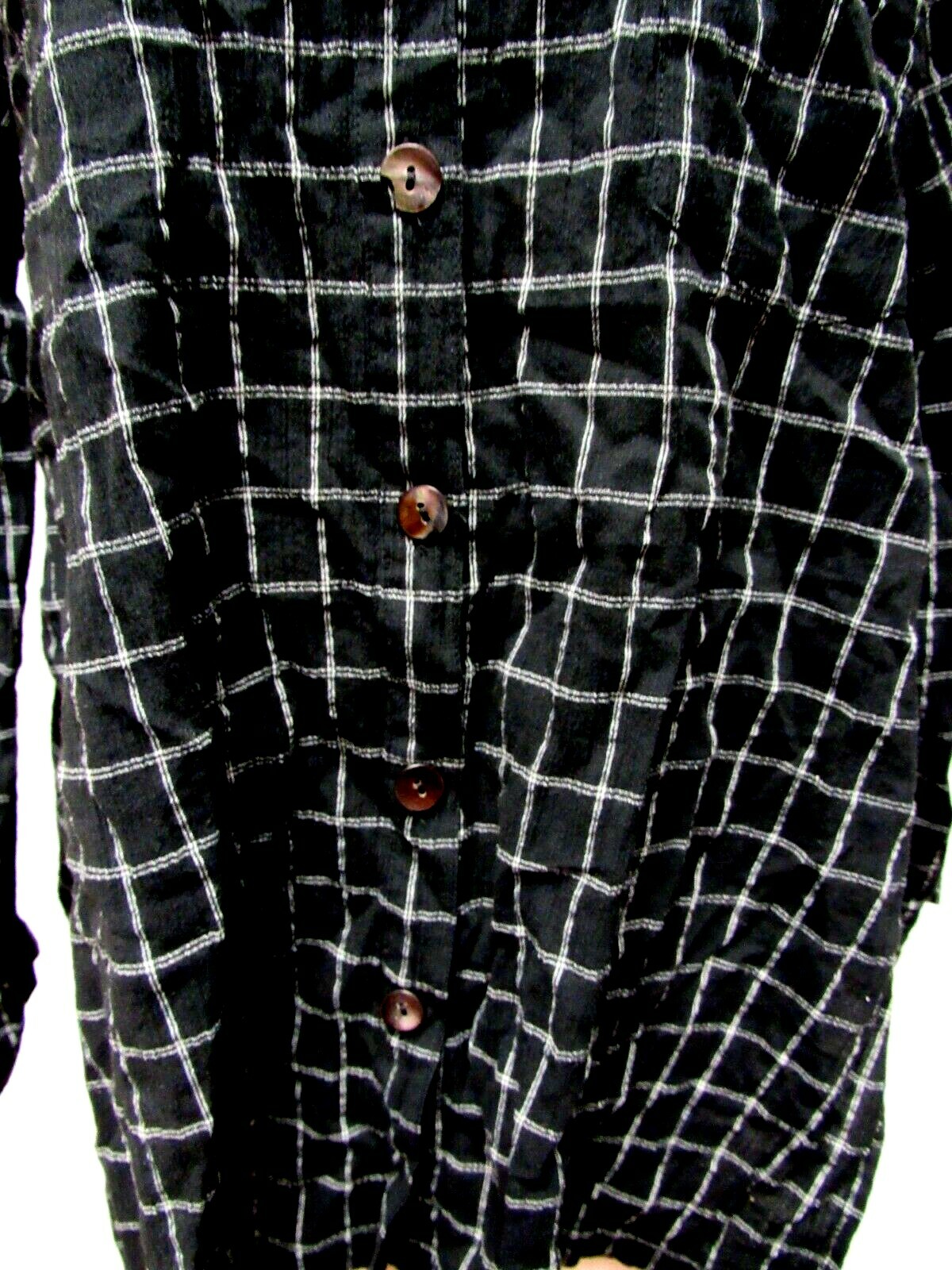 VTG CHICO’S DESIGN Cotton Blend Blouse Top Crinkle Plaid Black White 3 l XL EUC