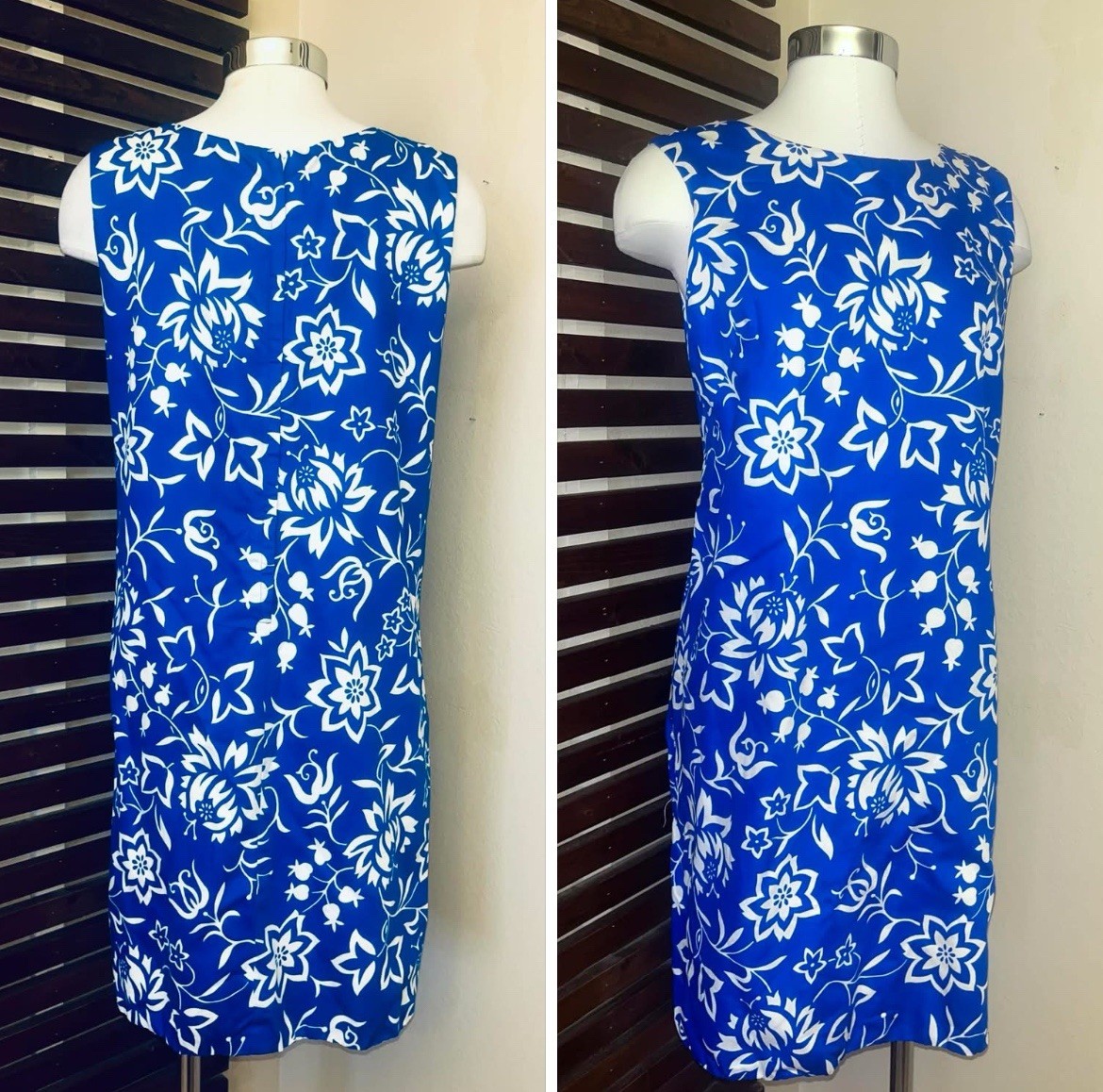 1960s Vintage Blue & White Floral Print Hawaiian Sleeveless Dress w/ Side Slits