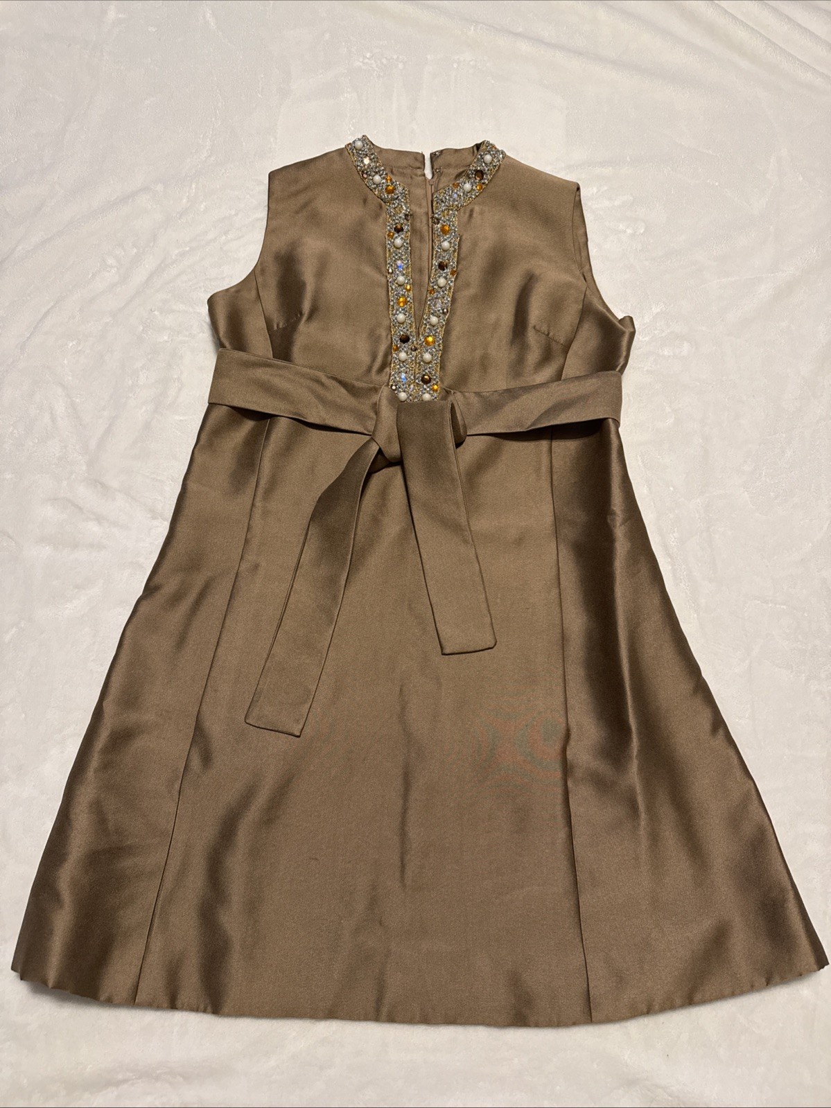 Vintage Bonwit Teller Sleeveless Dress Embellished W Belt Brown Large Zipper