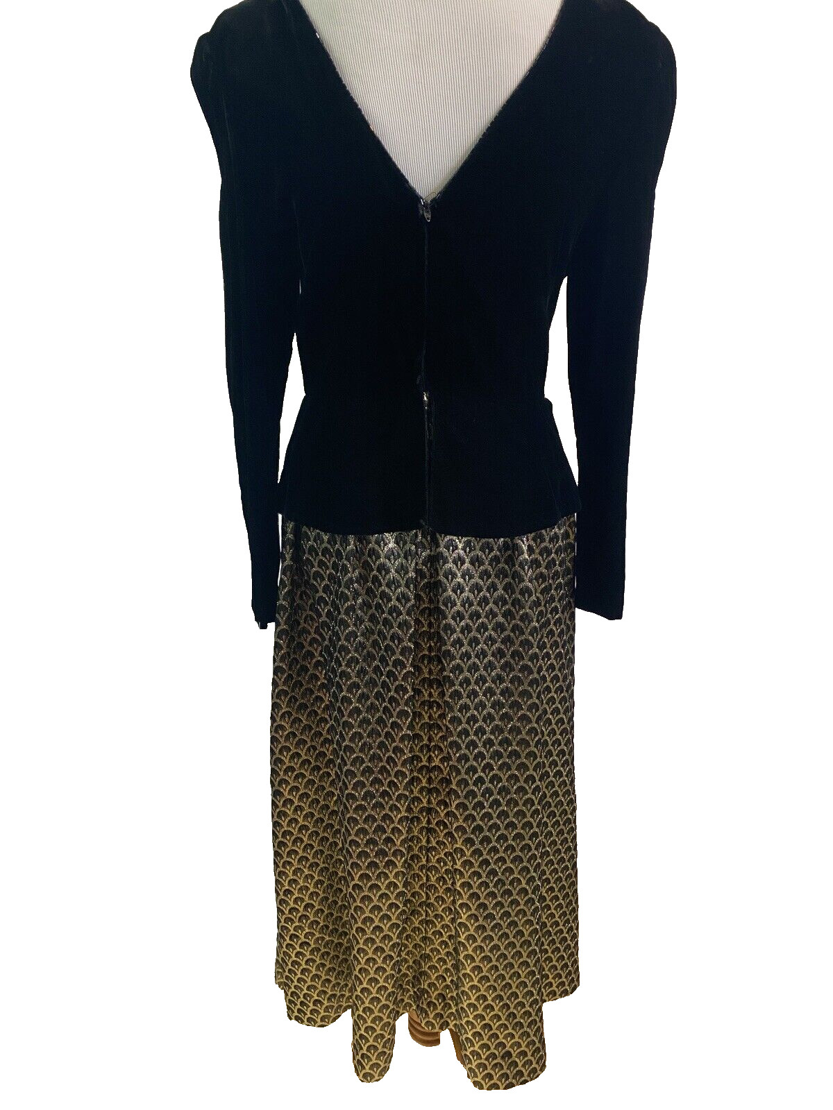 NOS VTG 90s Ricki Lang Nuit Black Velvet Beaded Gold Metallic Art Deco Dress 6/8