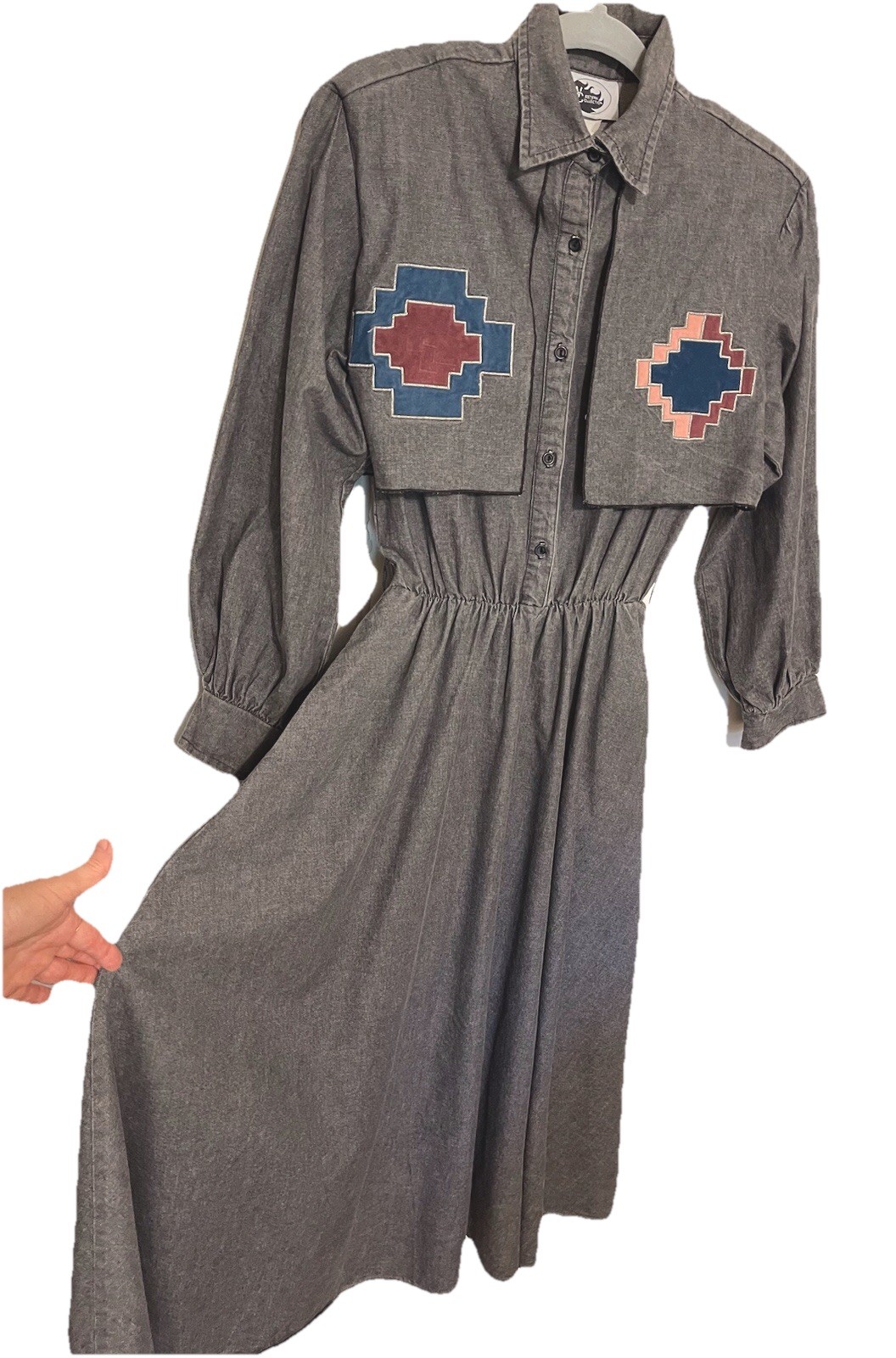 80’s Western Collection BOHO Long Denim Grey Dress Suede Embroidery, Size S-M