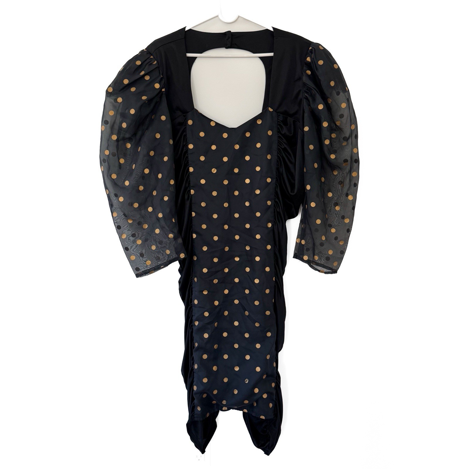 Mayvens of California 1980s Vintage Black and Gold Polka Dot Formal Party Dress