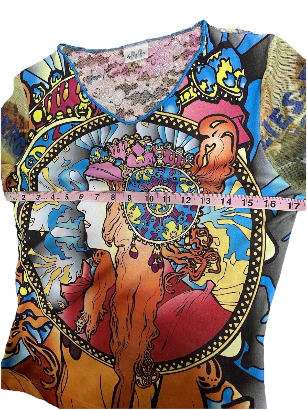Rare Vintage Y2K Euro-Graphic Celestial Zodiac Festival tattoo 3/4 Sleeve Top M