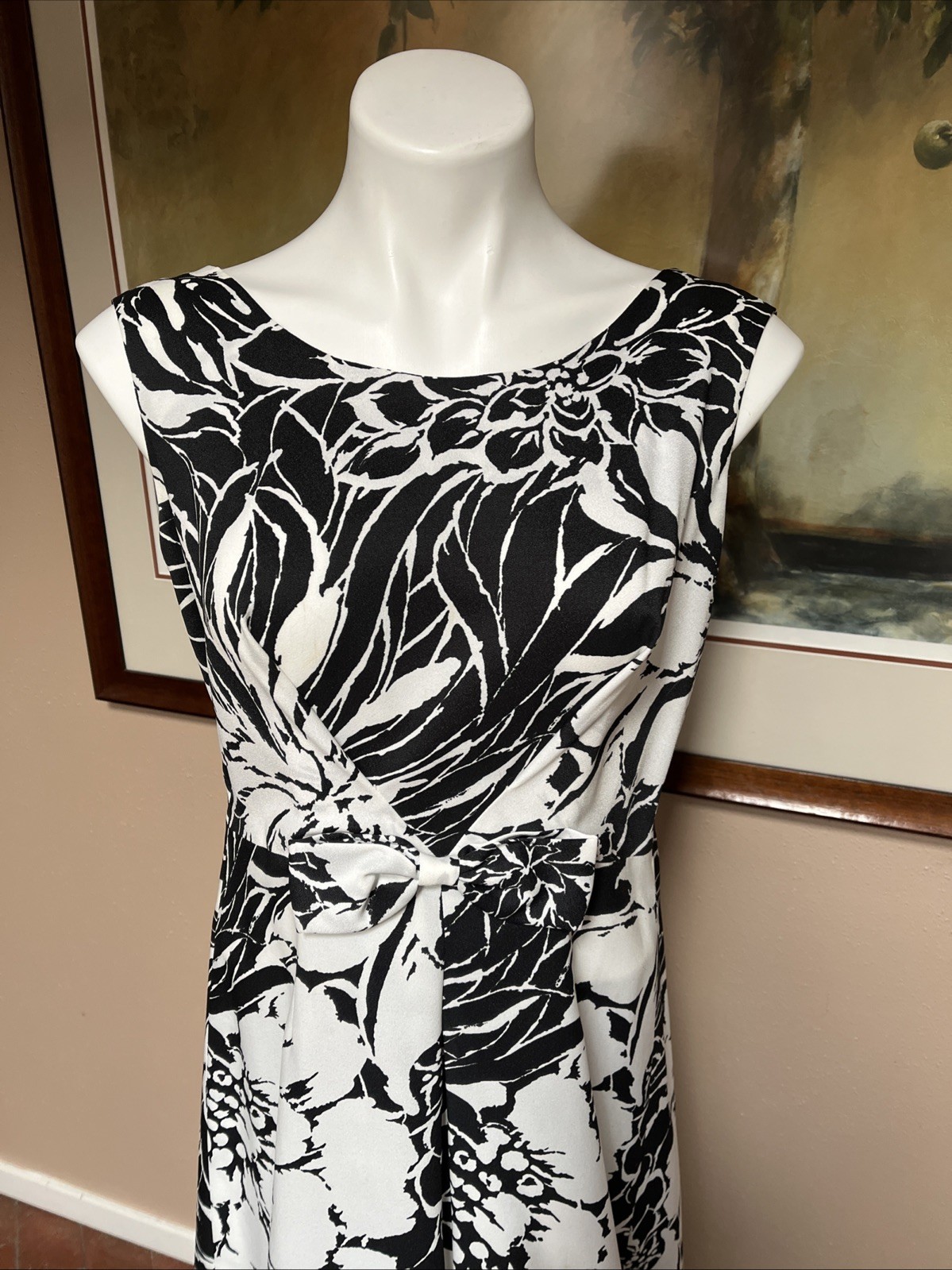 VTG 70s Ja Na of Hawaii Dress Maxi Sleeveless Bows Zip Floral Black White Sz M