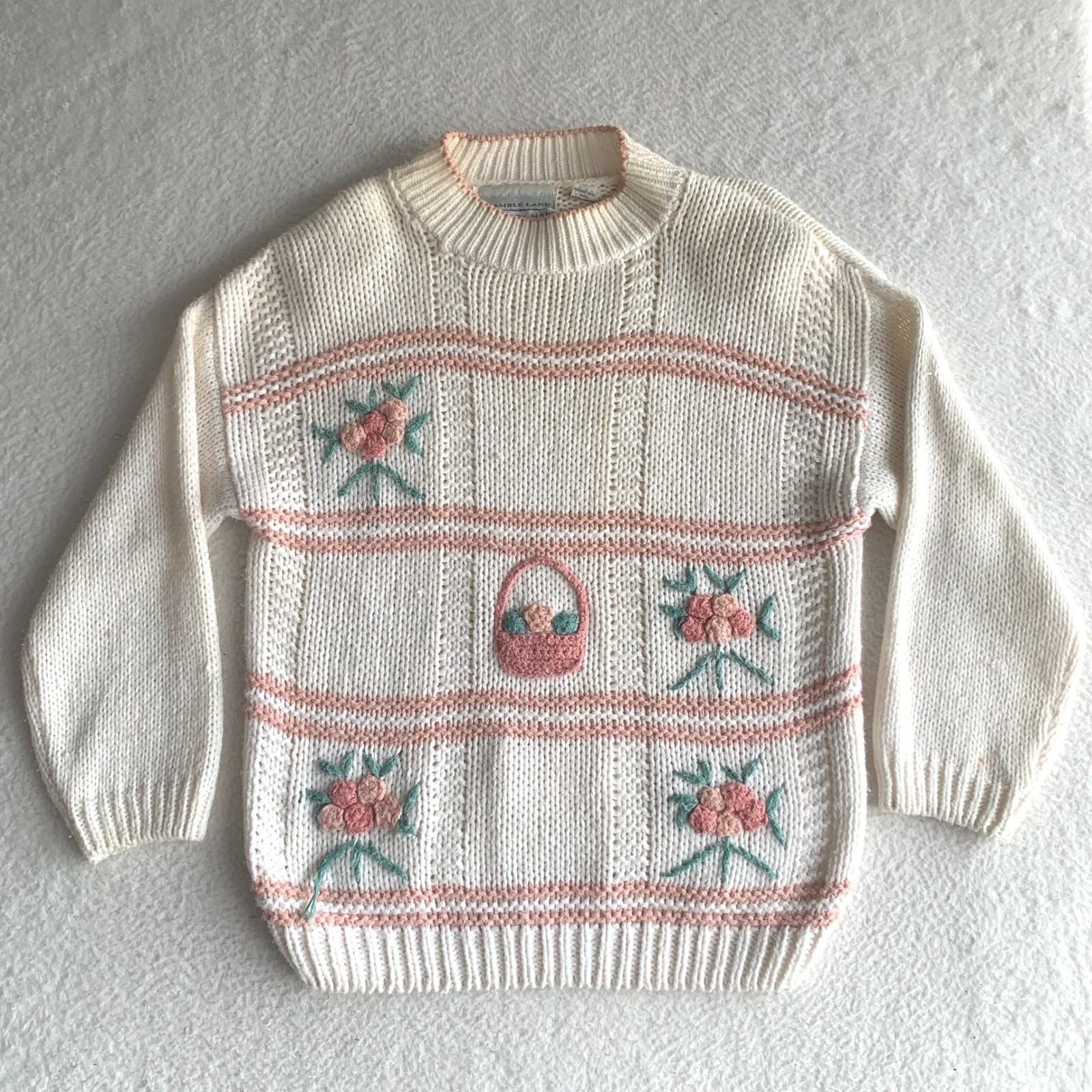 VTG Bramble Lane Hand Knit Sweater Sz L Ramie Blend Floral Cottagecore (STAINS)