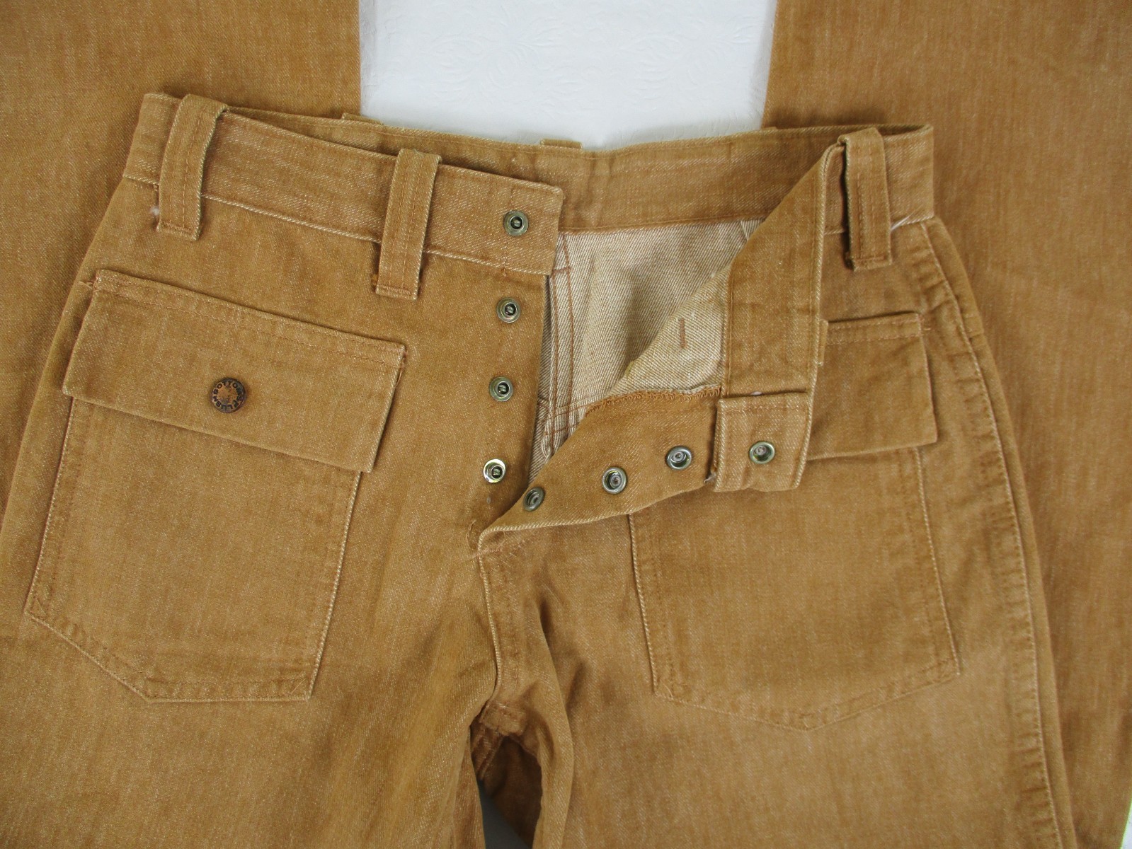 VTG 70’s Plush Bottoms Bell Bottom Snap Fly Jeans Boho Hippy 27 X 29 Brown Twill