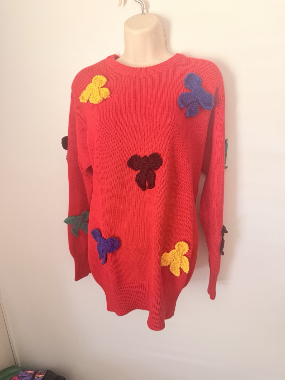 I.B. Diffusion Red Knit Sweater Floral Applique Boho Pullover M Rainbow Bowties