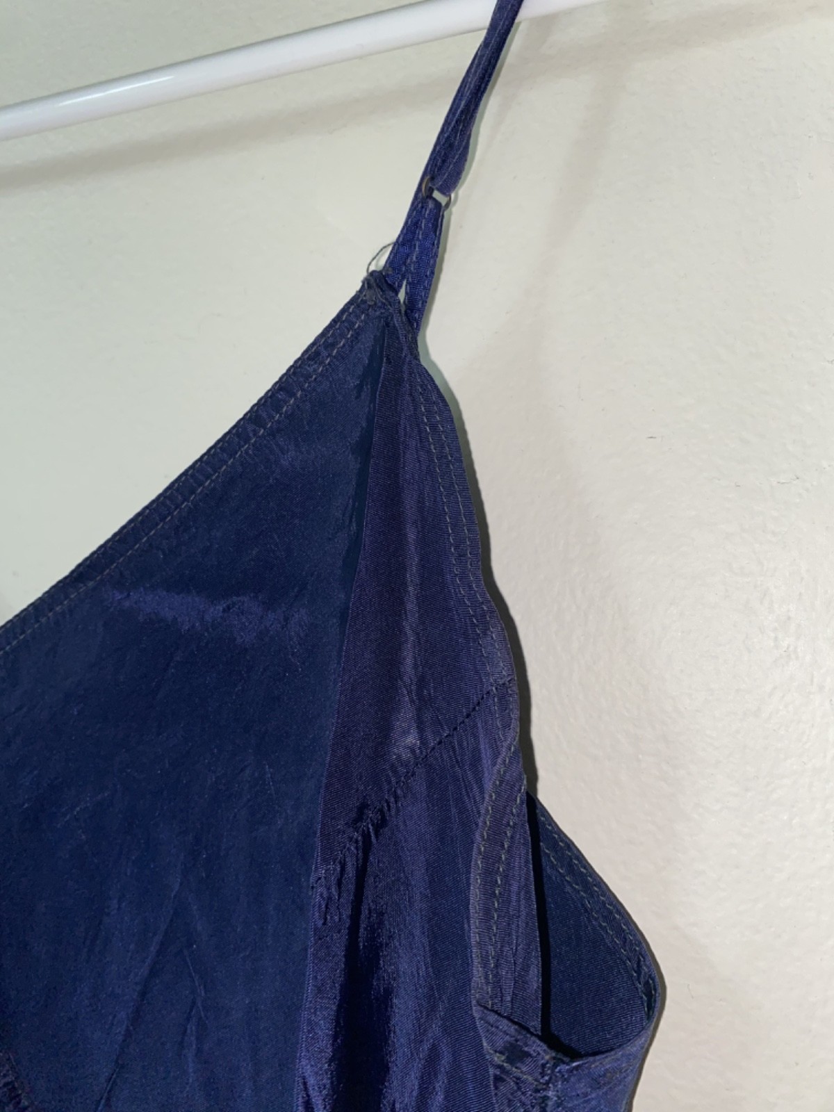 Vintage 1940s, 1950s Women’s Dark Navy Blue Satin Slip Dress with Ruffle Detail