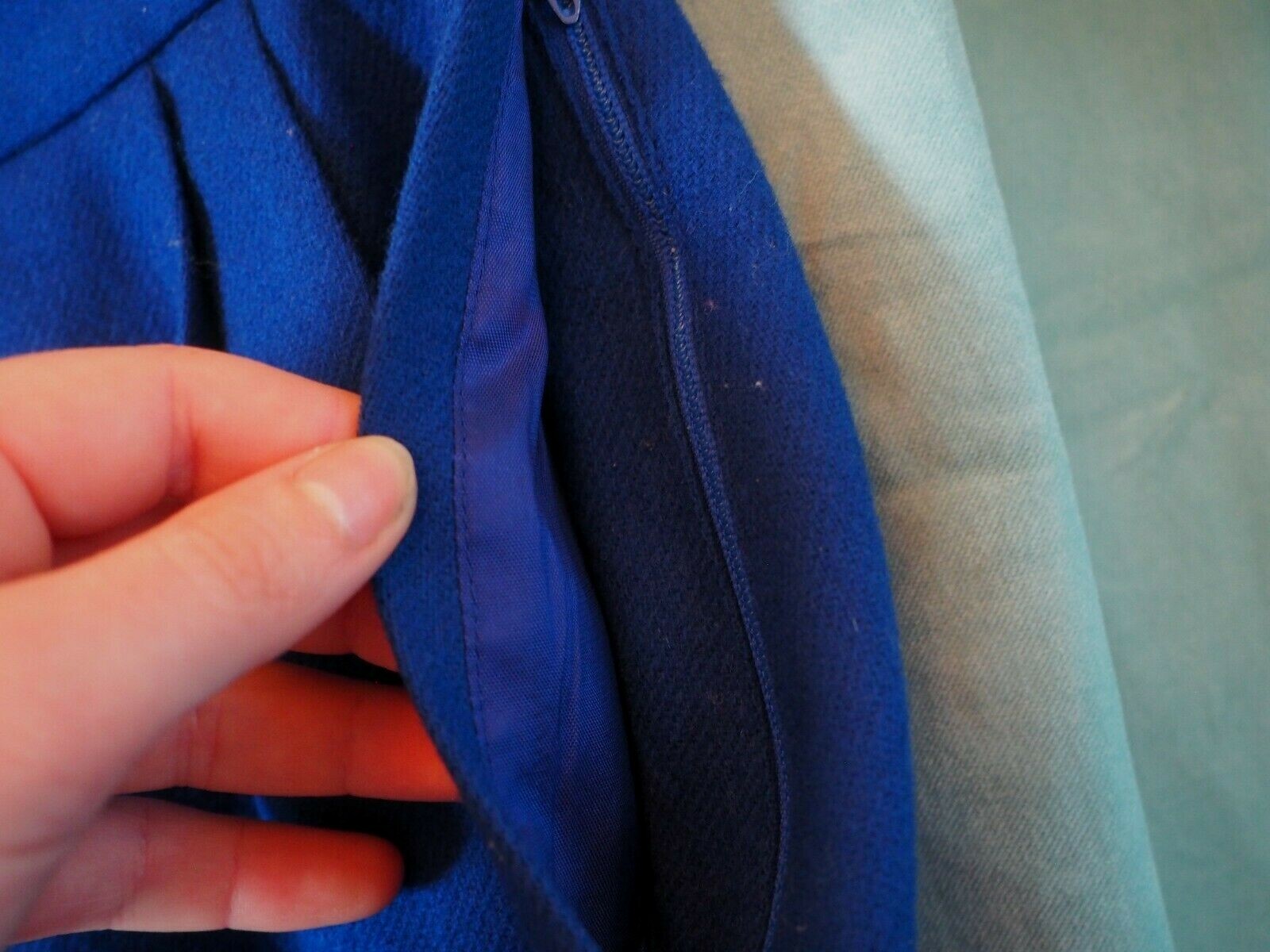 VTG 70s/80s Unbranded Wool Lined Royal Blue Pocket Talon Slit Zip Skirt Sz 14