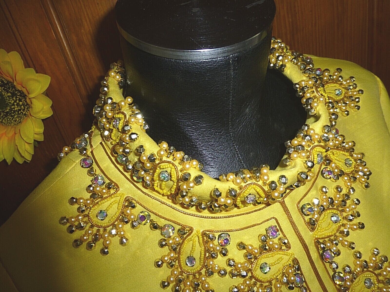 Vtg 60s Yellow Silk JEWELED Rhinestones Pearl Embroidery Cocktail Wedding Dress