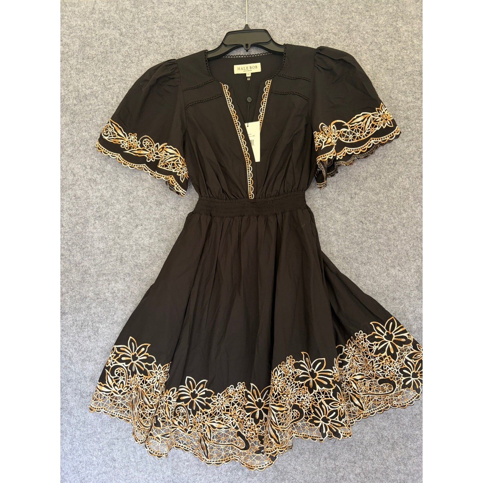 NWT Hale Bob Black Embroidered Eyelet V-Neck Mini Dress NWT 54LT630A XS