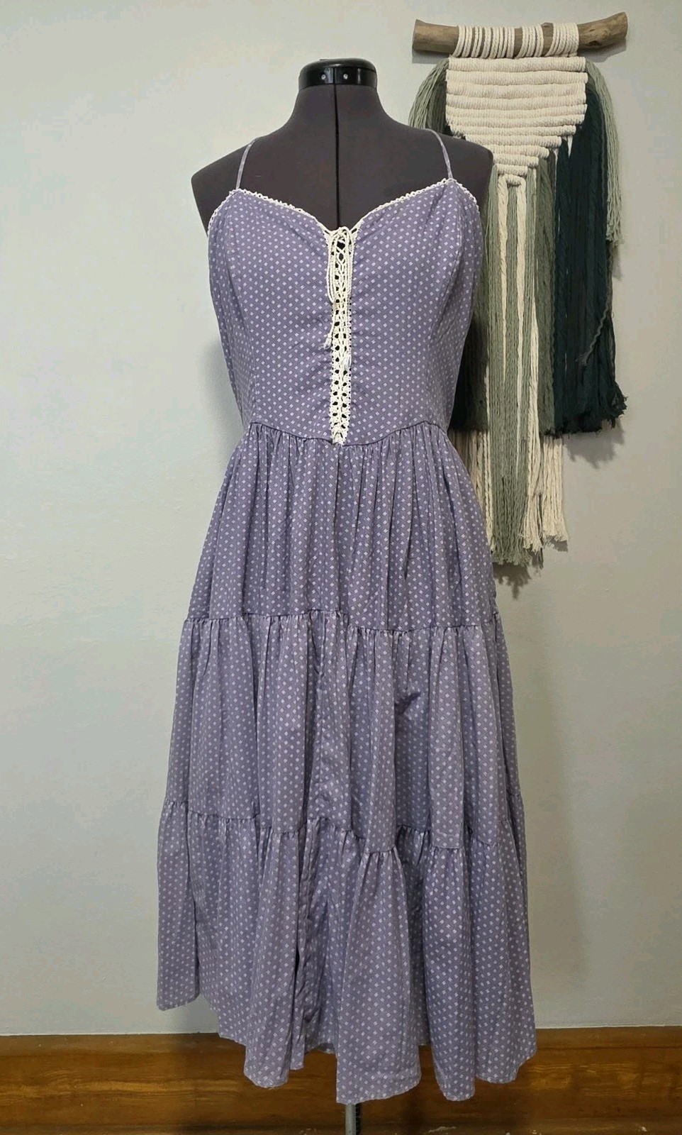 1970s Vintage Prairie Halter Dress Lace Up Chest Midi Blue Lilac Crotchet Trim M
