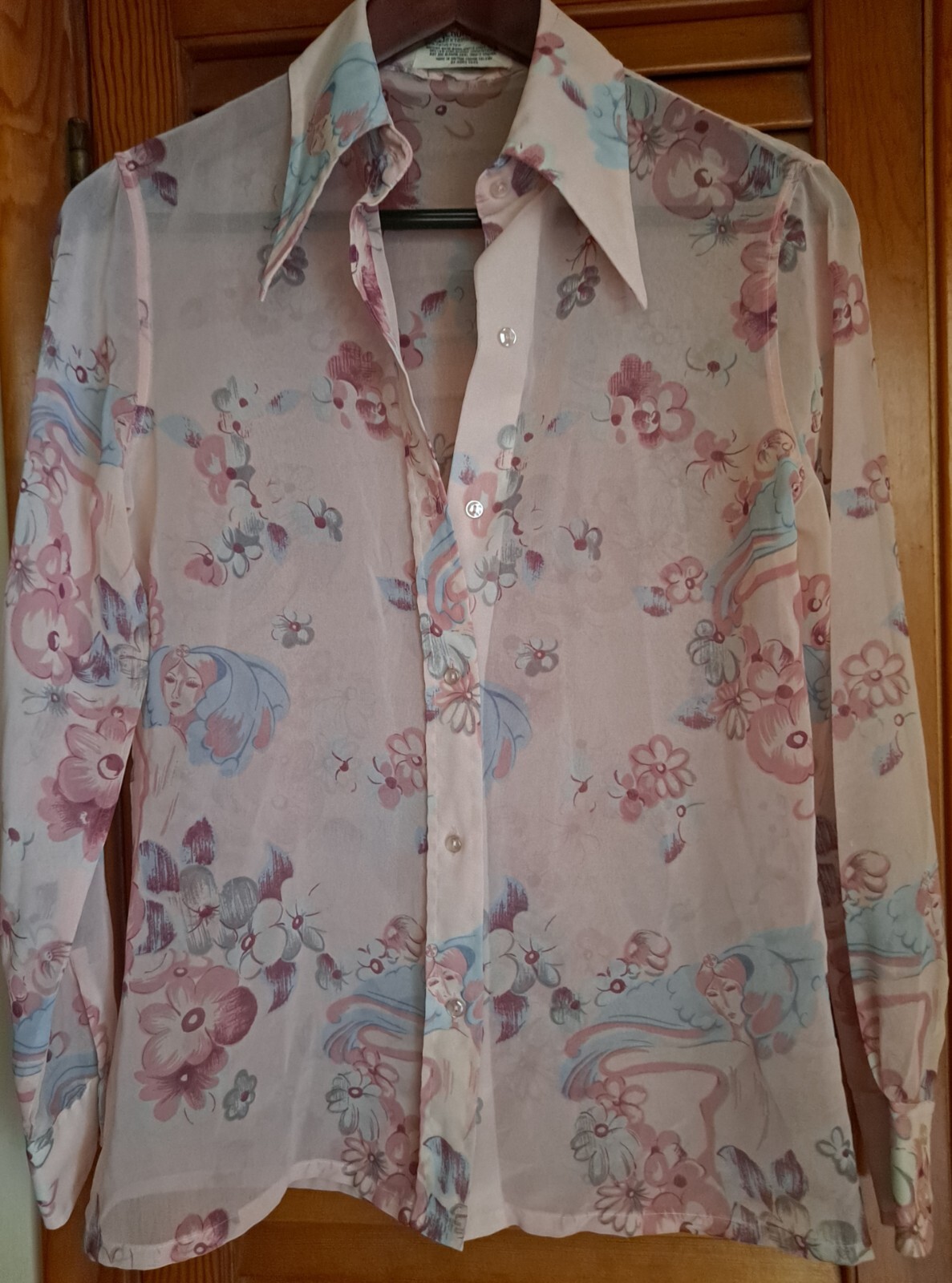 Vintage 70’s Loubella Pink Blue Polyester Sheer Woman’s Face Blouse Sz 10/11