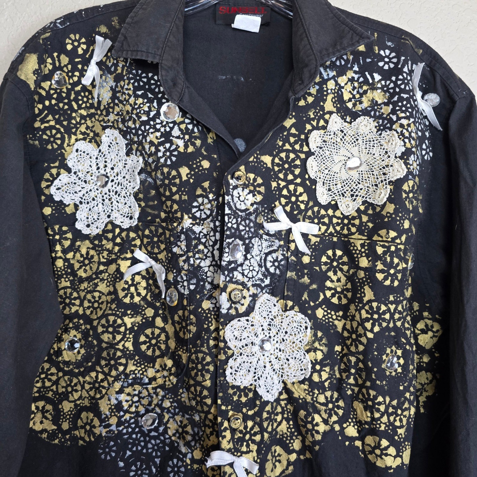 Vintage 90s Sunbelt Black Gold Lace Print Bedazzled Crochet Patch Top Small