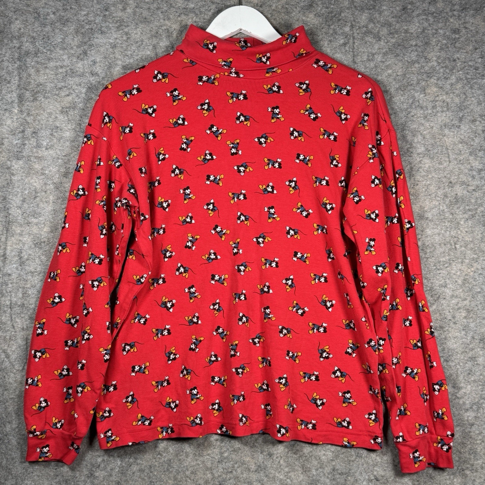 Vintage Womens 90s Mickey & Co Red AOP Mickey Mouse Turtleneck Shirt Sz M 20×24