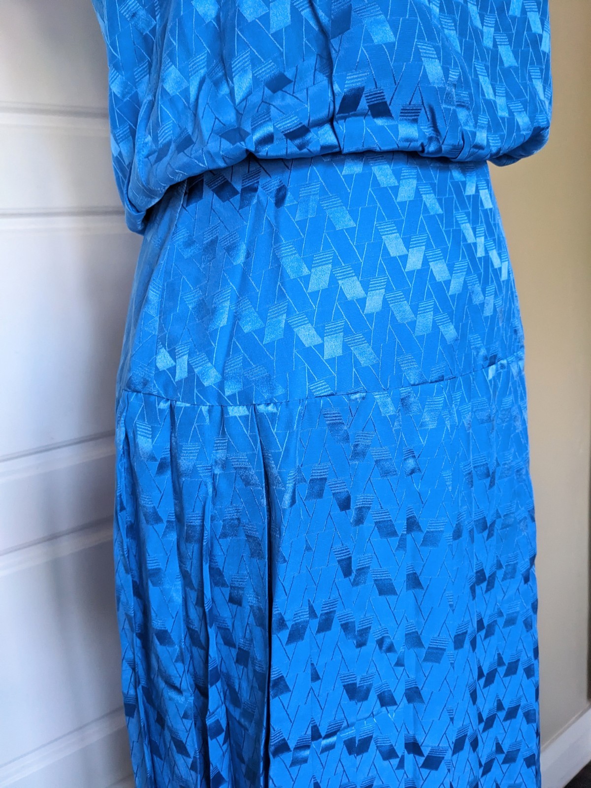 Vintage 80s Blue Silk Midi Dress Sz 4 Drop Waist Pleated Button Back Blouson