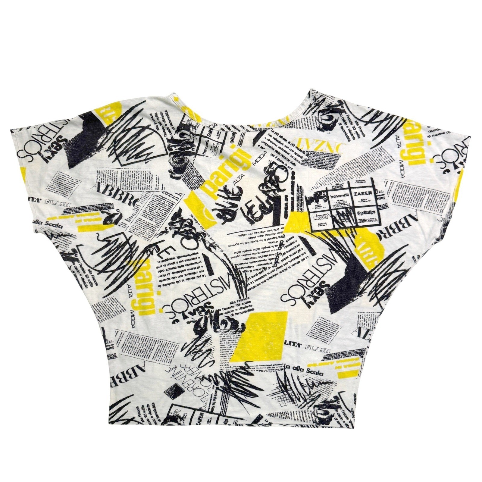 Vintage 90’s Express Top White Yellow Newsprint Abstract Graphic Dolman Crop