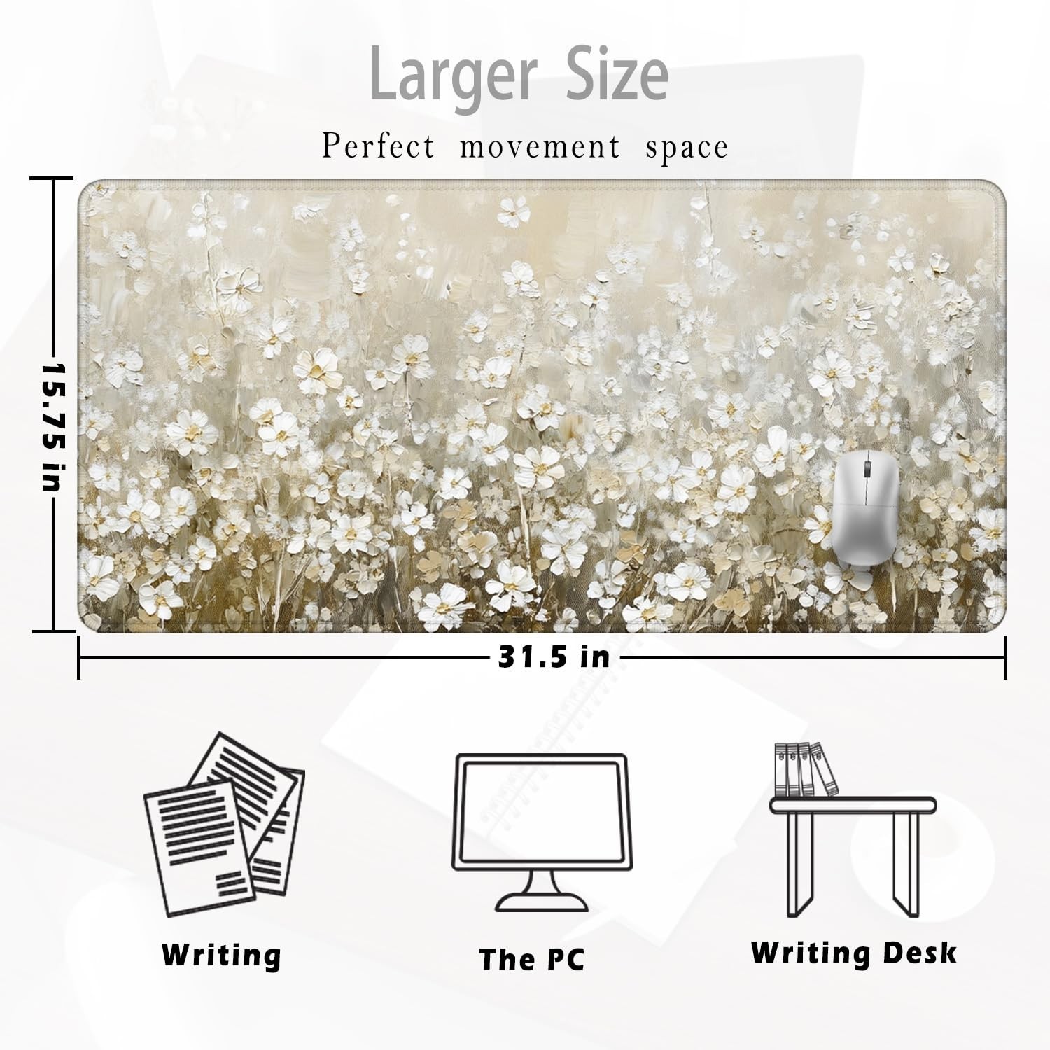 Vintage Watercolor Floral Large Mouse Pad 31.5×15.7inch, Retro Cottagecore Fl…