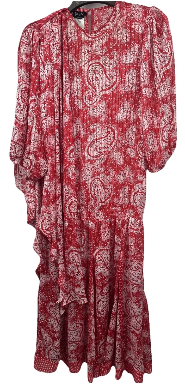 Diane Freis Georgette Red Paisley Polka Dot Dress With Shoulder Drape Cascade
