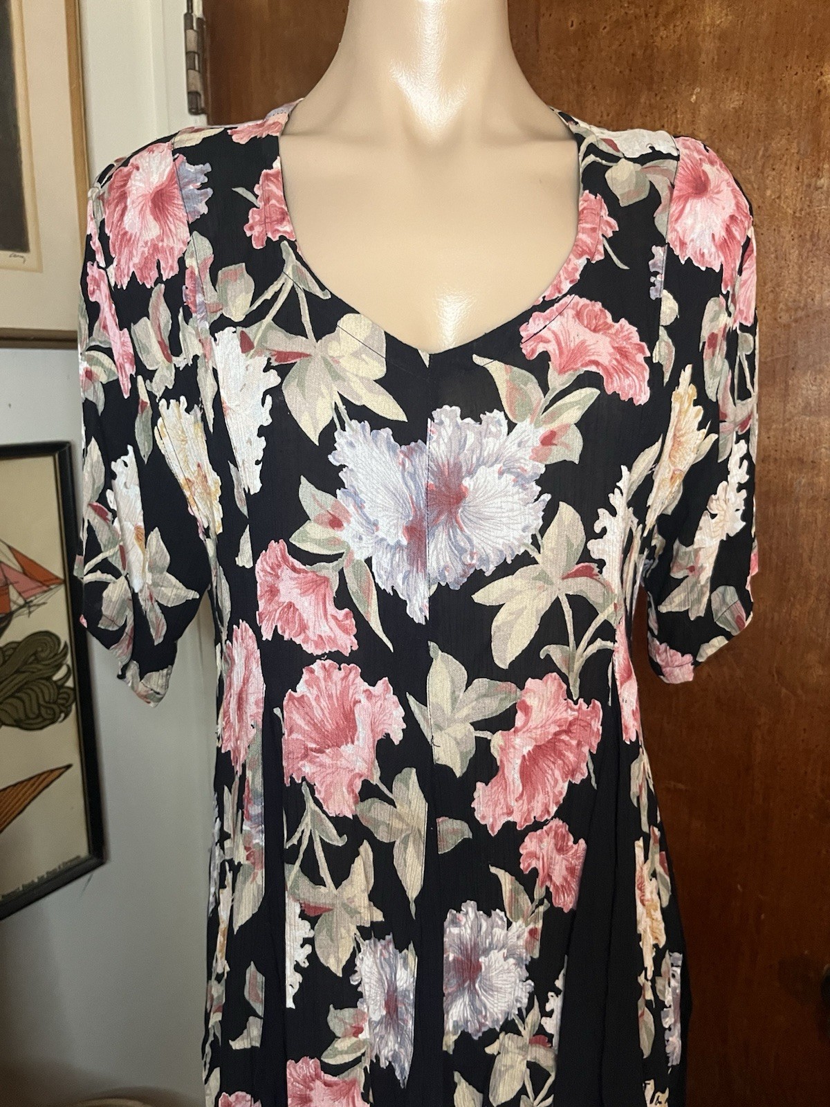VTG Starina 90s Babydoll Dress in Black Pink Floral Whimsy Grunge Pull-Over~M