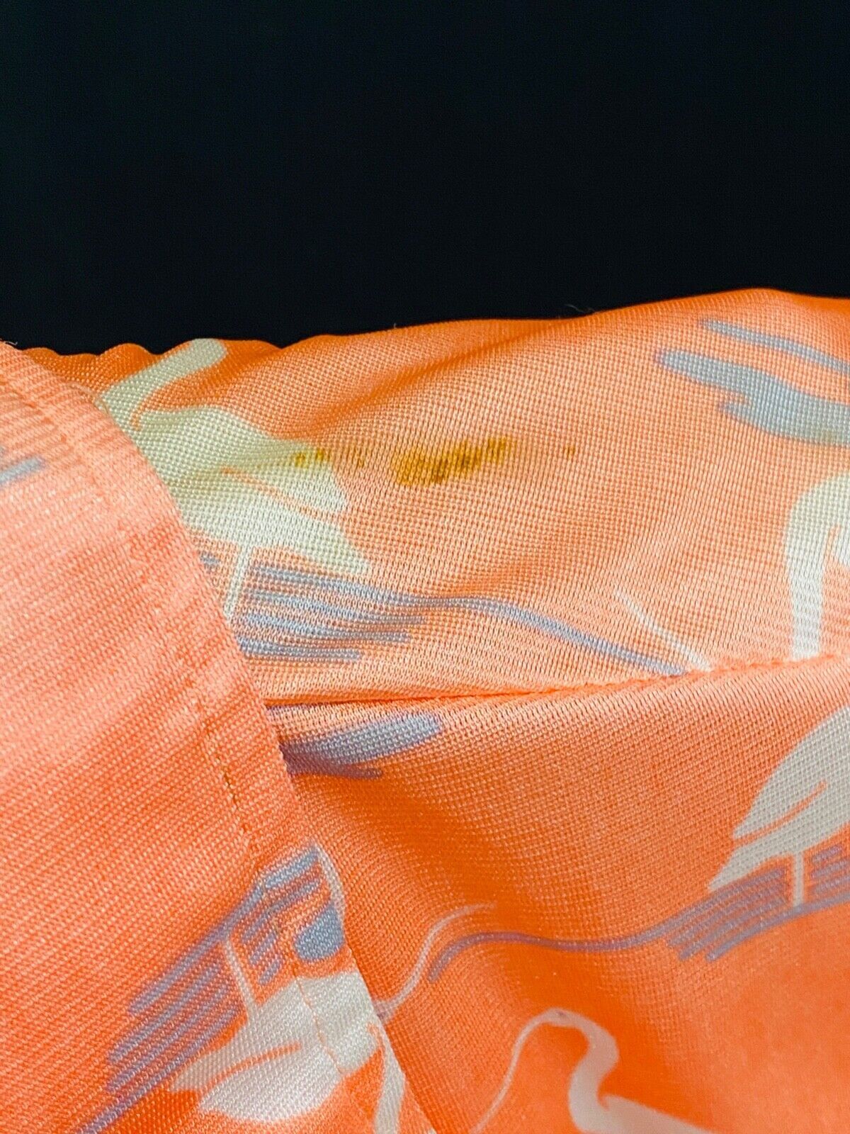 Vintage 1970s pink novelty print shirt, orange heron bird blouse deadstock disco