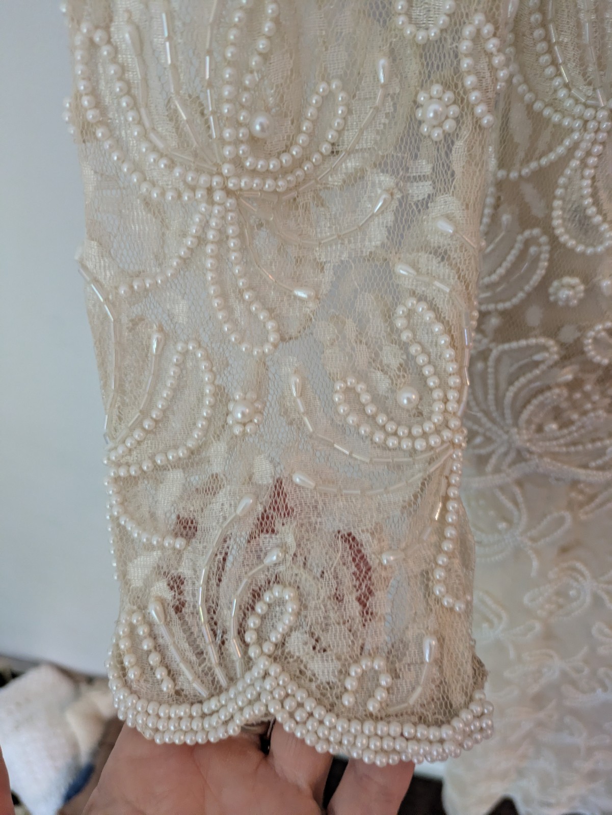 VTG Laurence Kazar Showstopper Pearl & Beaded Dragonfly Lace Ivory Formal Dress