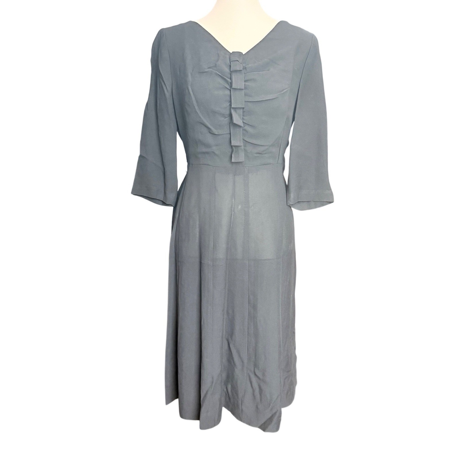 Mynette Charcoal Gray Ruched Midi Dress 3/4 Sleeve Pleated Size 16.5 Vintage