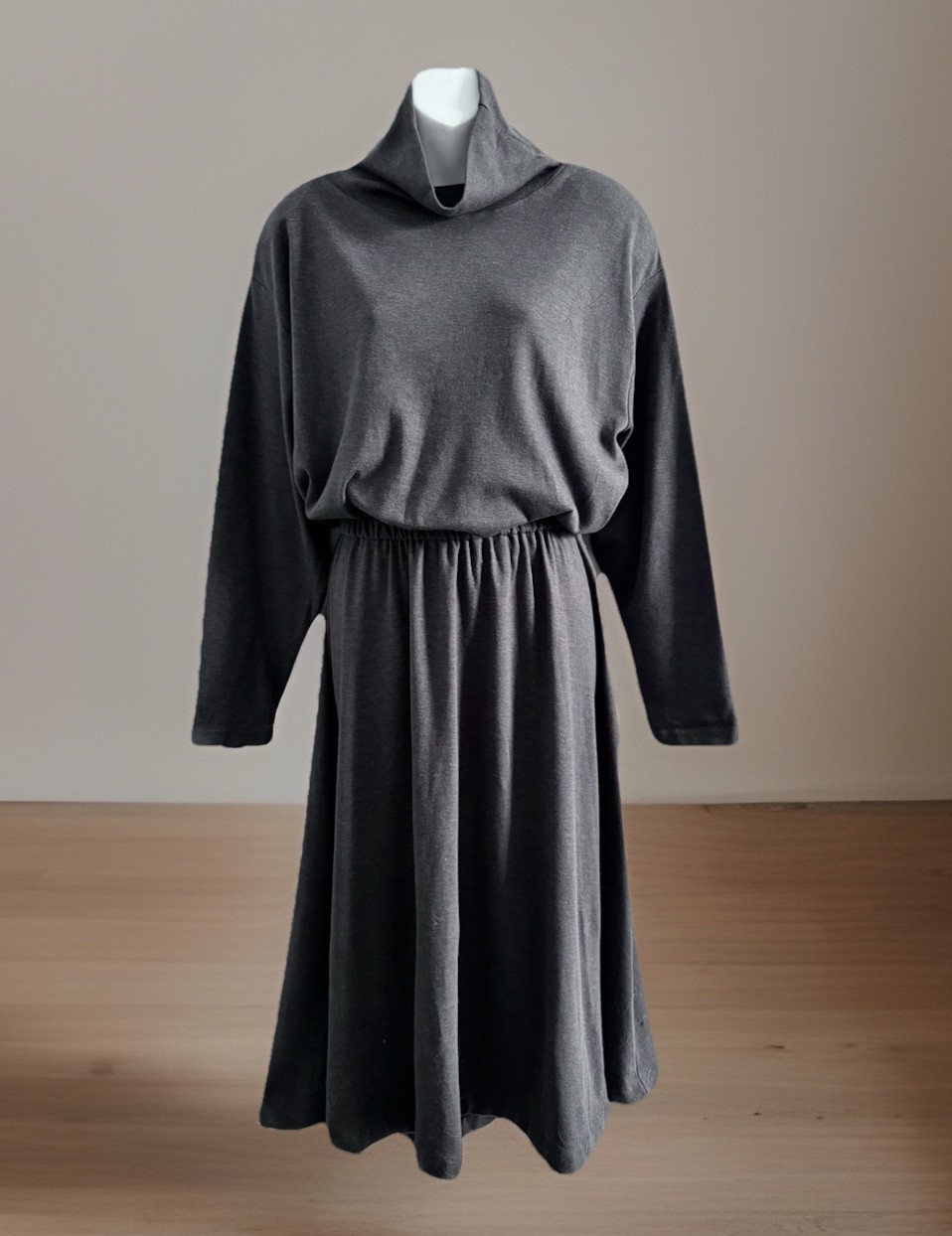 Vtg FADS Dress 1XL Gray Jersey Long Sleeve Stretch Waist High Neck Career 80s