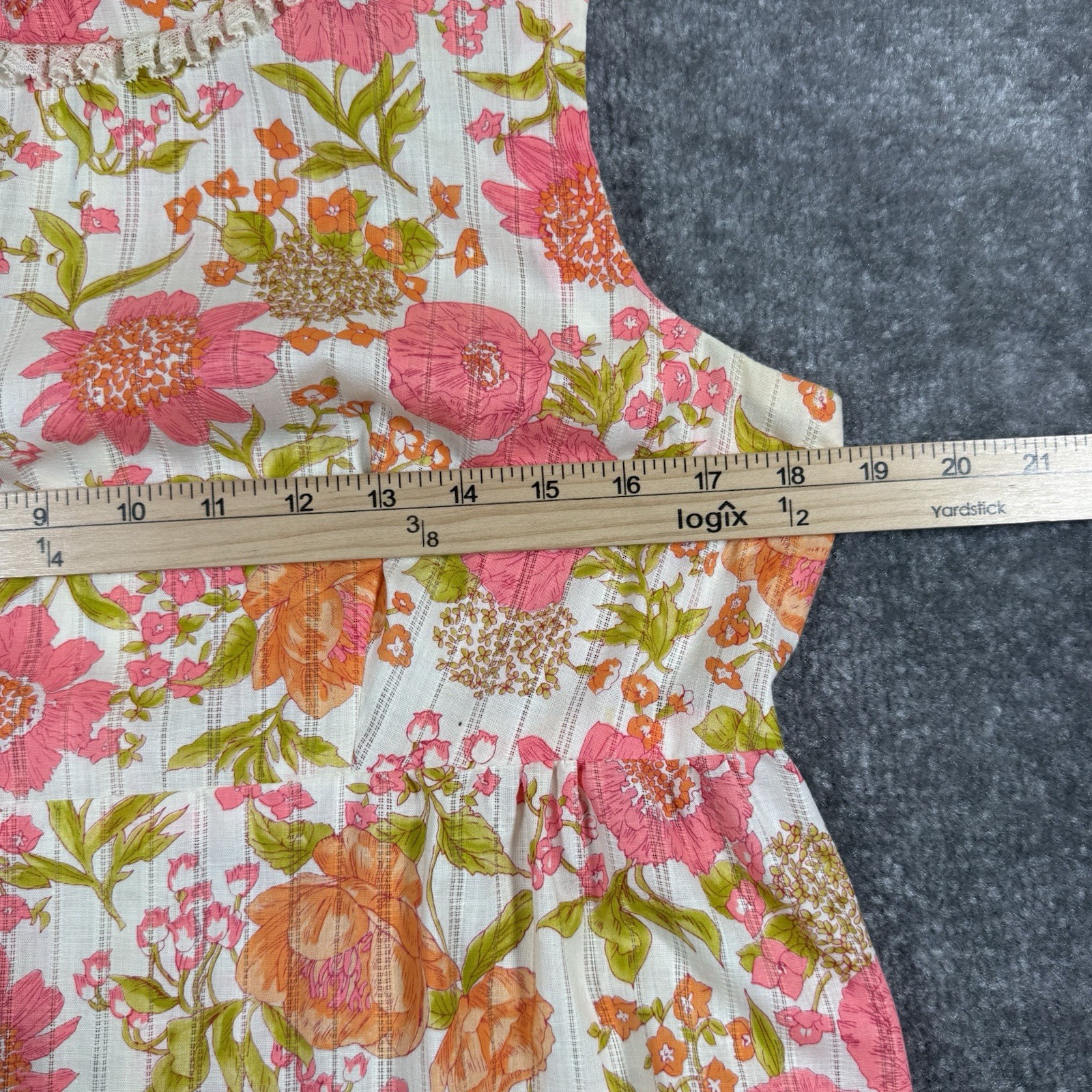 60s 70s Shift Dress Handmade Pink Orange Floral Sleeveless Ruffle Neckline