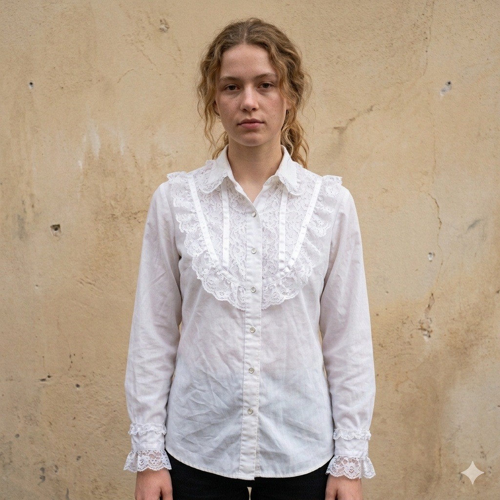 Vintage 70s H Bar C Womens Top 34 Small White Lace Ruffle Western Cowgirl