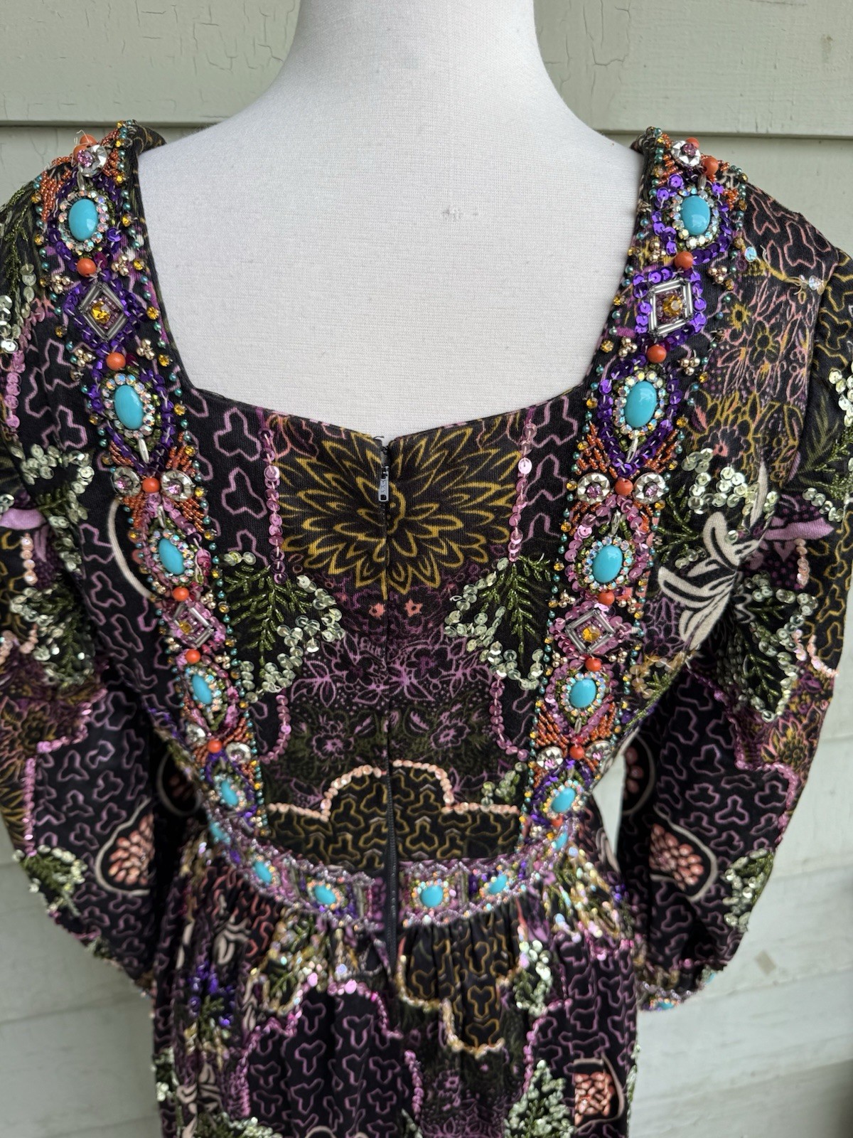 70’s Valentina Ltd Embellished Maxi Dress 12 Boho Sequin Jewels Hostess Gown 28”