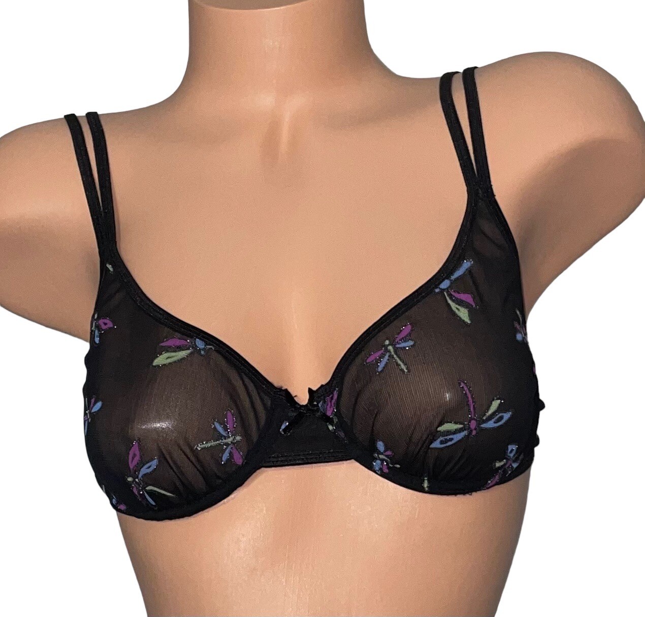 International Intimates Black Sheer Mesh Embroidery Dragonflies Lace Bra 34B/S
