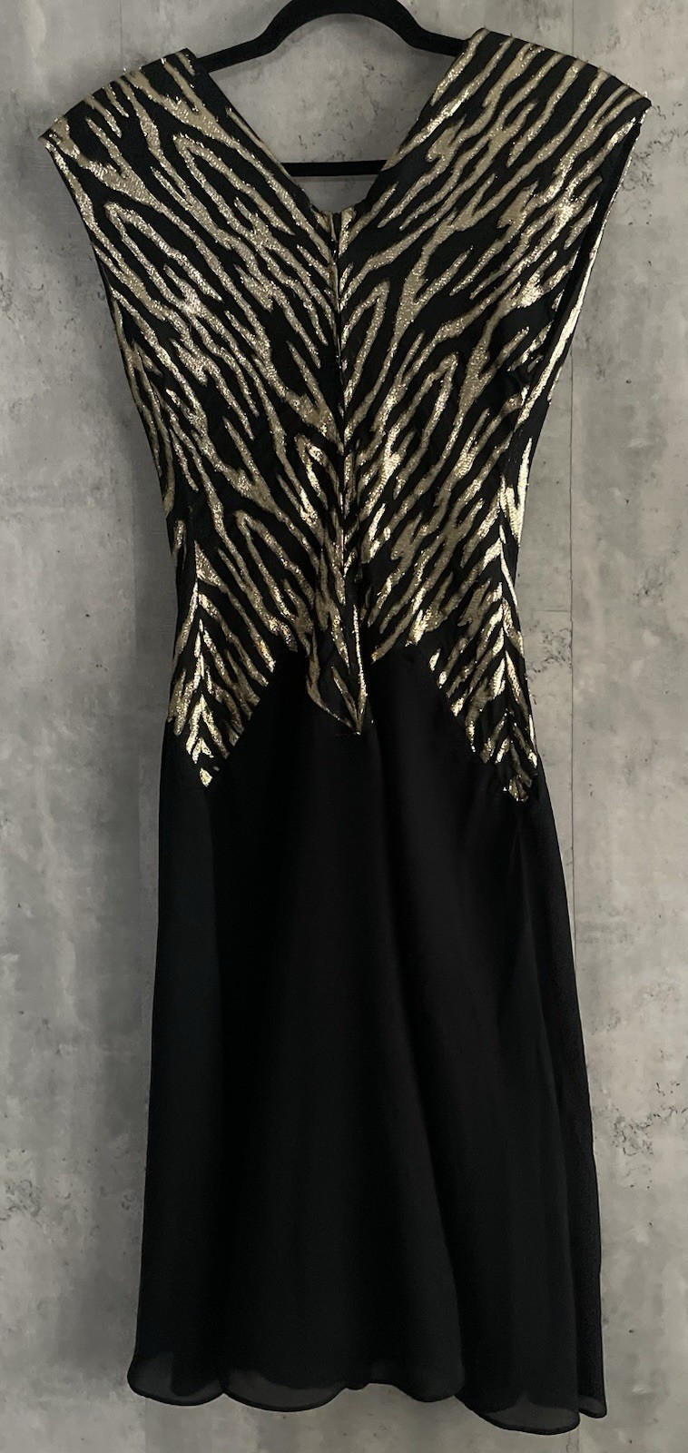 VTG JSJ Gold & Blk Fitted Gold Lurex Bodice Chiffon Skirt Formal 80s Dress Sz 2