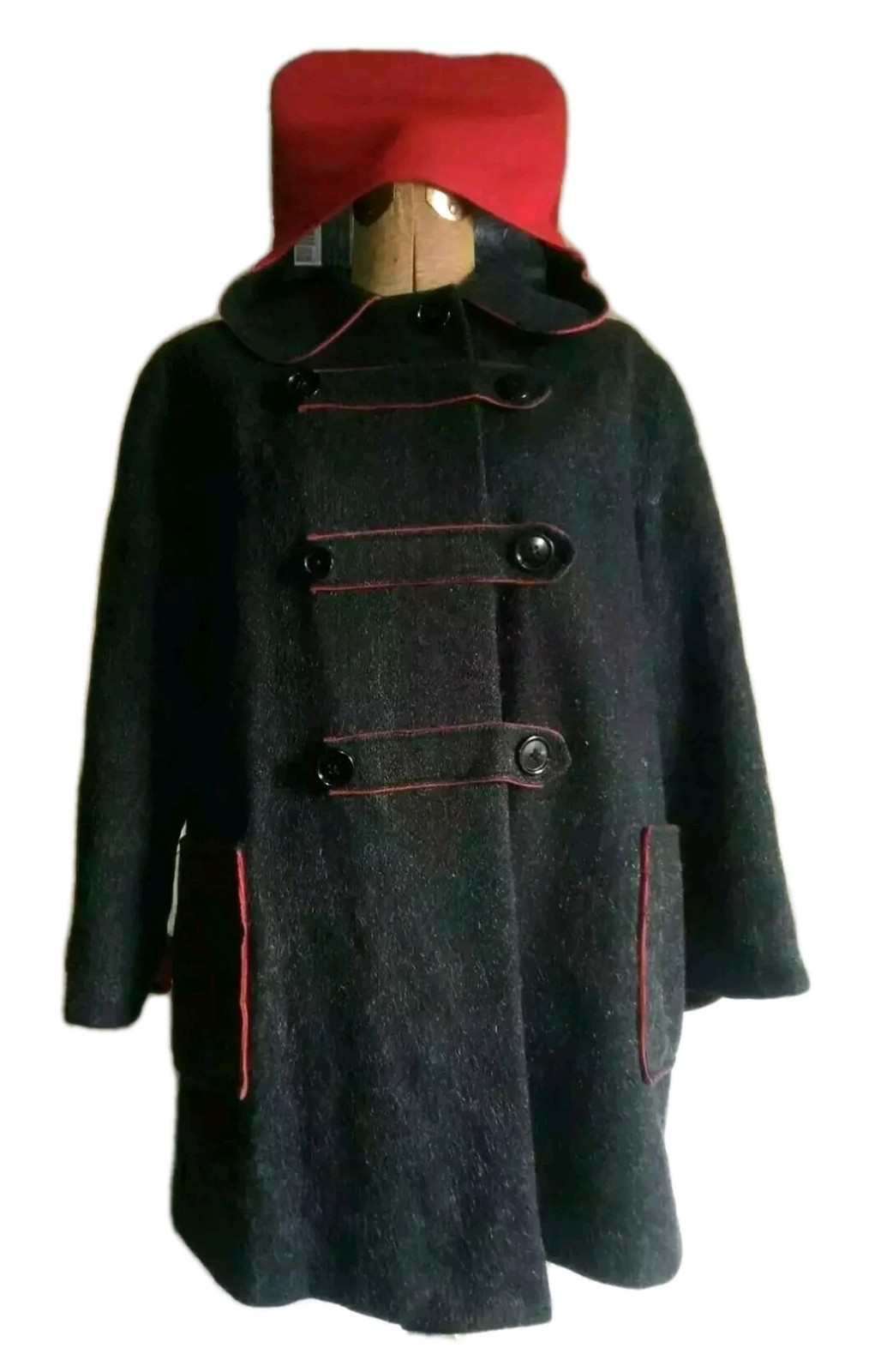 VTG 50s Gray Duffle Coat w/ SCARLET RED COUDEROY TRIM, Hood & Patch Pockets M