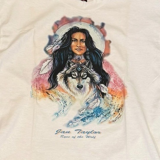 Vtg 90s Jan Taylor Eyes of the Wolf T Shirt White Graphic Native American NWOT L
