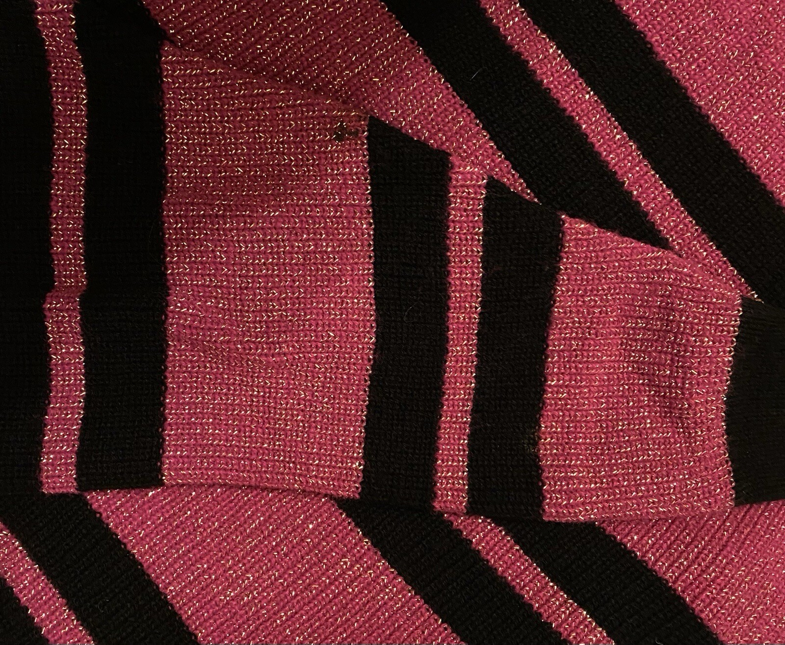 Vtg 80s Women Sweater Mademoiselle Med Hot Pink Black Stripes Gold Threading
