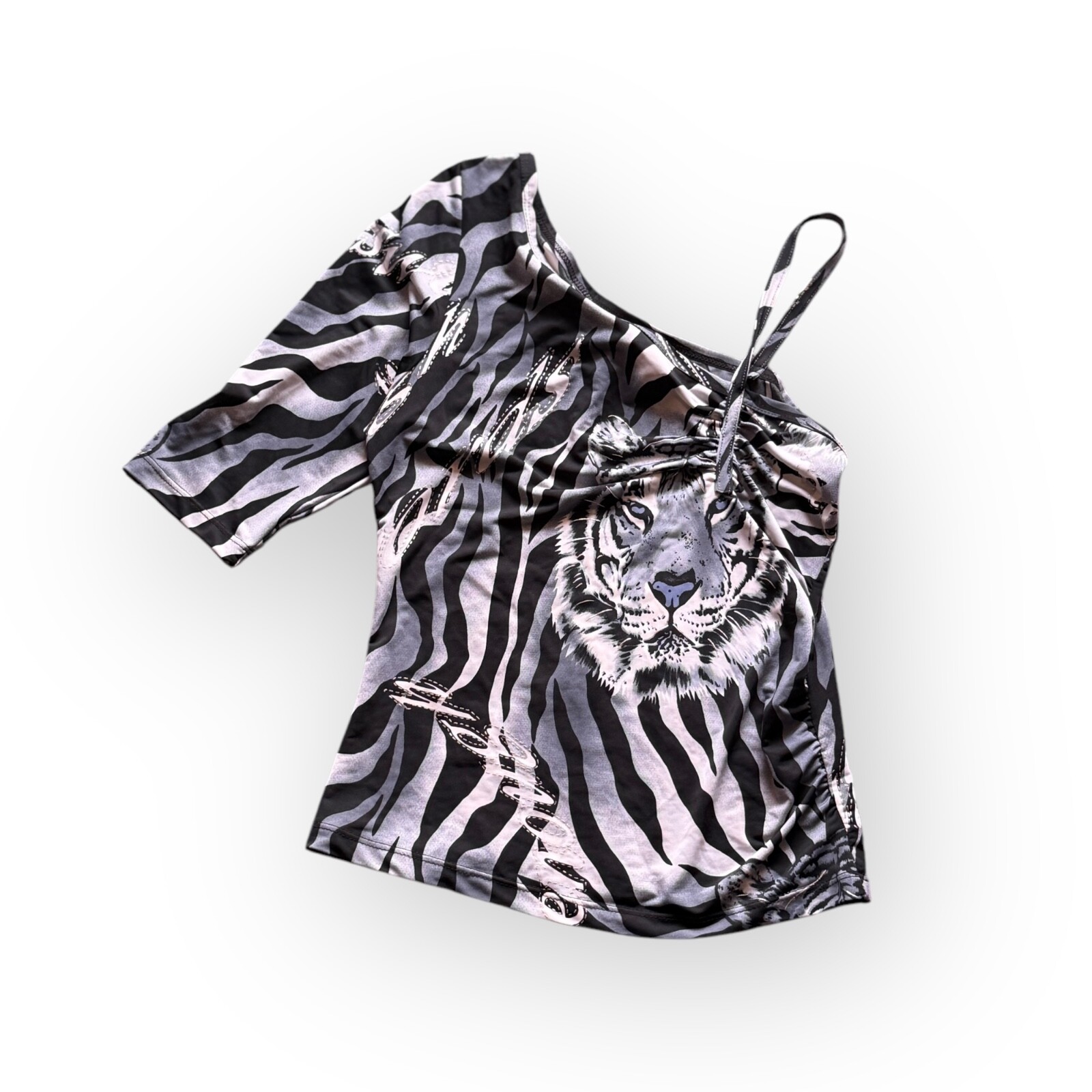 VTG 90s Y2K Black White Tiger Striped Animal Print Shoulder Long Sleeve MEDIUM