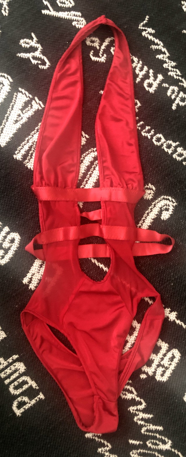 New S Dark Red Liquid Satin & Sheer Sexy 1 PC SUIT Strappy TEDDY Lingerie Halter